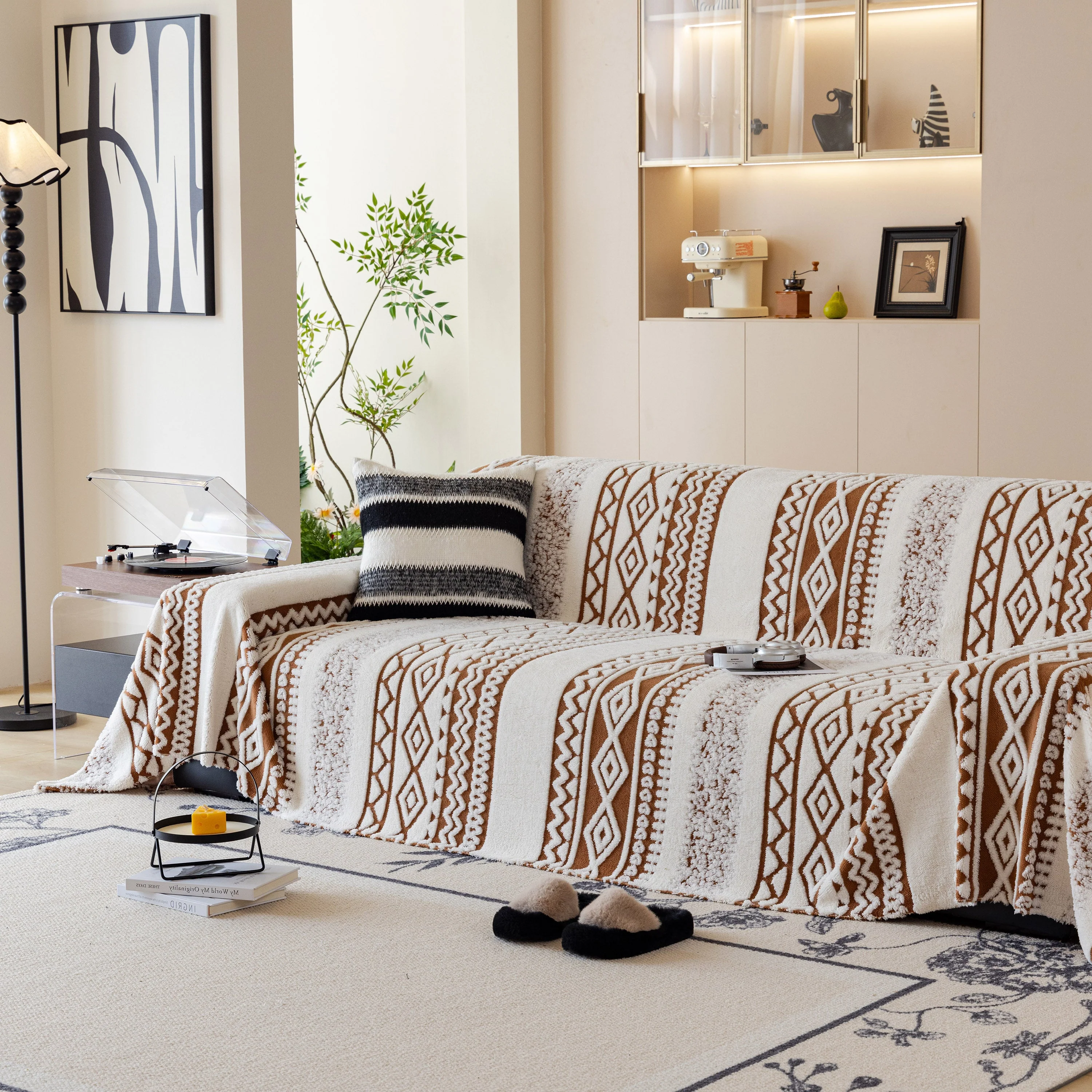 Bohemian Tufted Sofa Cover, Plush Fleece Throw Blanket with 3D Woven Aztec Stripes - Image 71