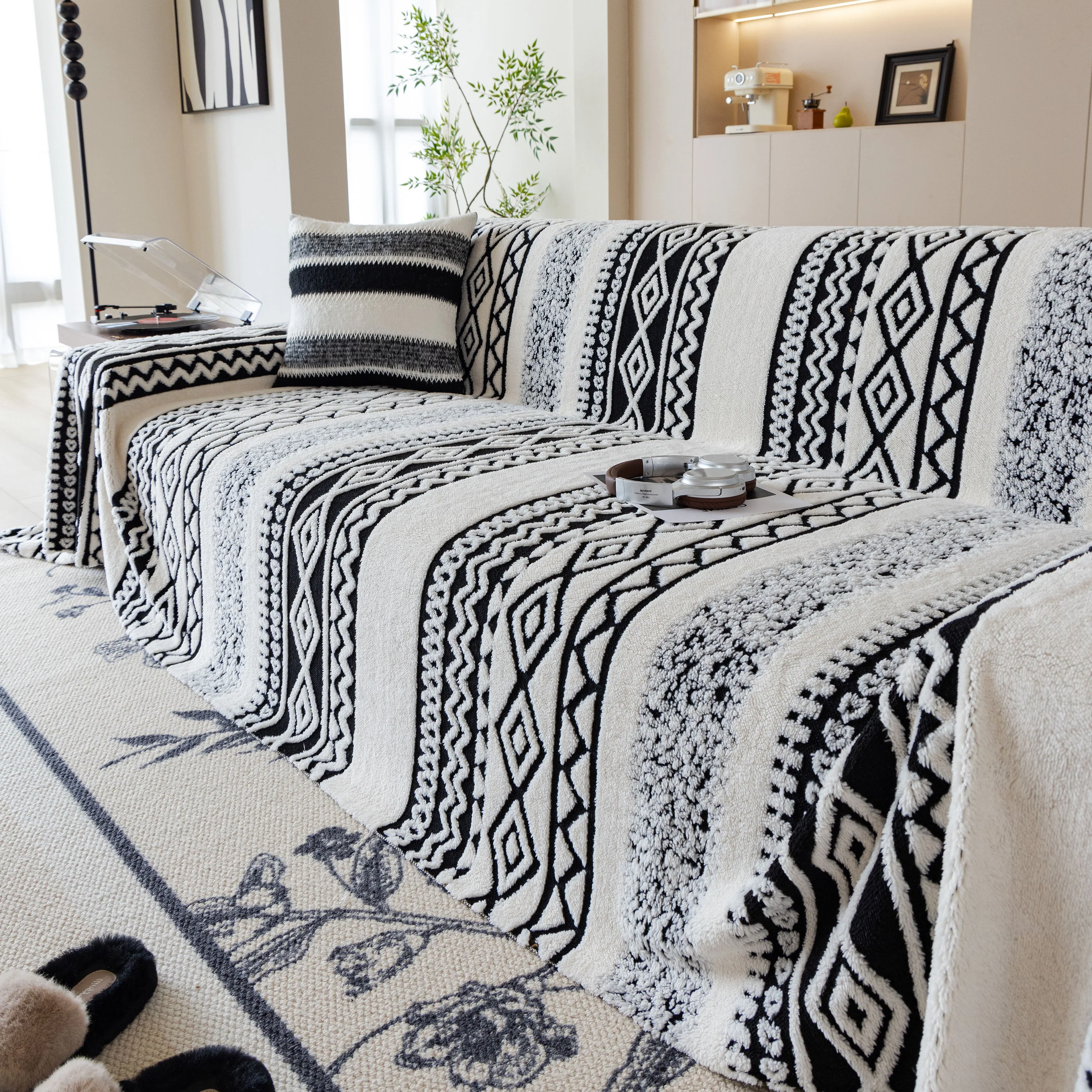 Bohemian Tufted Sofa Cover, Plush Fleece Throw Blanket with 3D Woven Aztec Stripes - Image 73