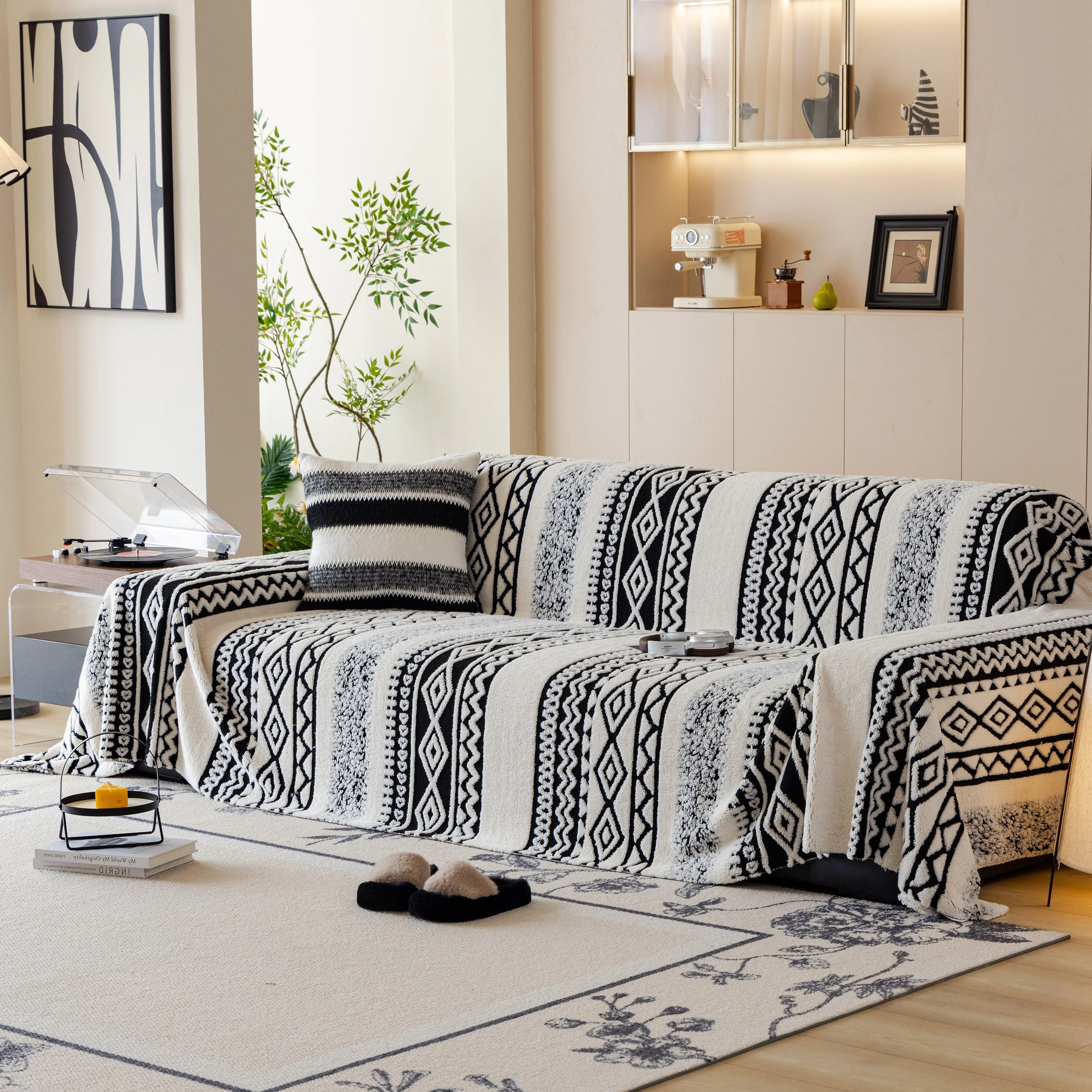 Bohemian Tufted Sofa Cover, Plush Fleece Throw Blanket with 3D Woven Aztec Stripes - Image 74