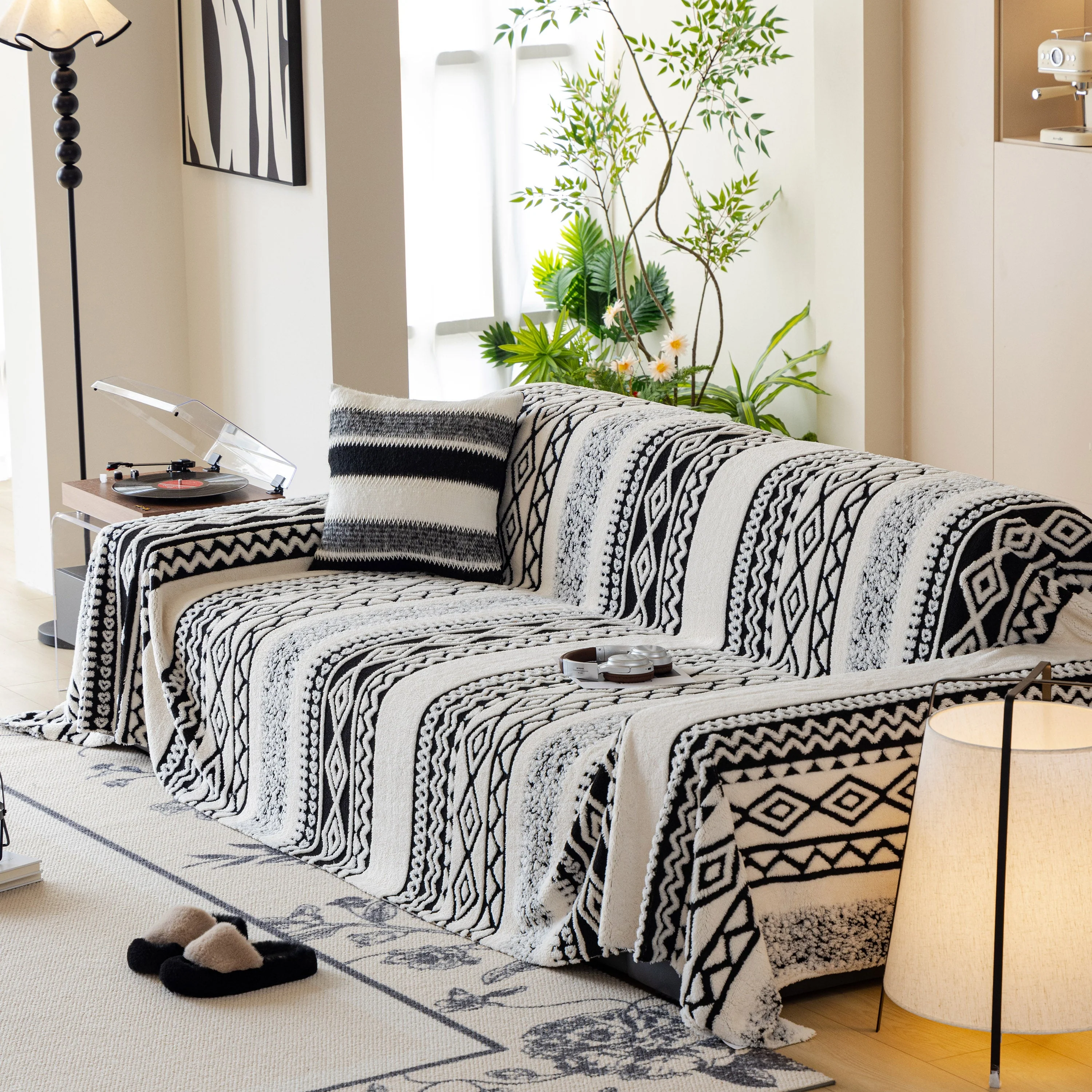 Bohemian Tufted Sofa Cover, Plush Fleece Throw Blanket with 3D Woven Aztec Stripes - Image 75