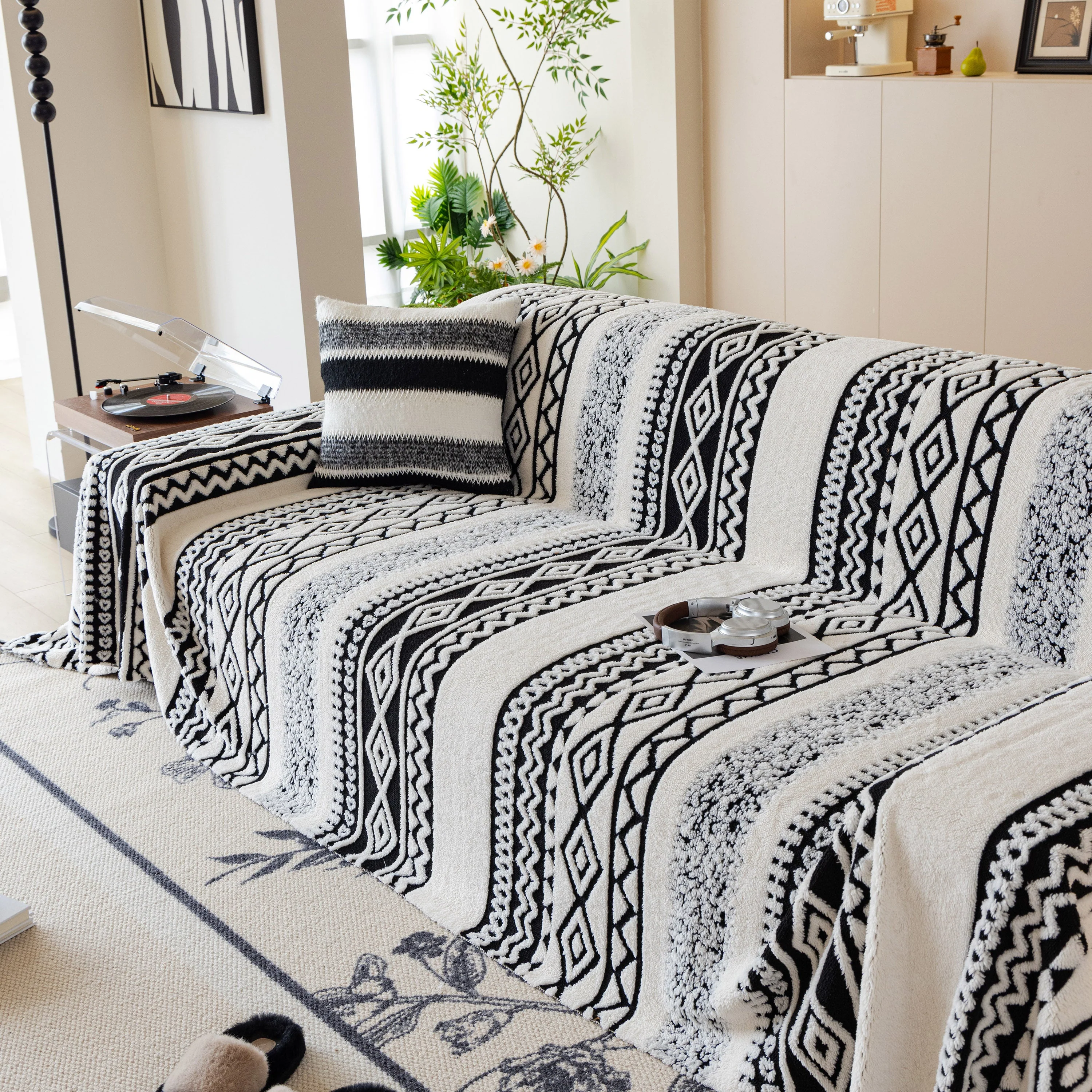 Bohemian Tufted Sofa Cover, Plush Fleece Throw Blanket with 3D Woven Aztec Stripes - Image 77
