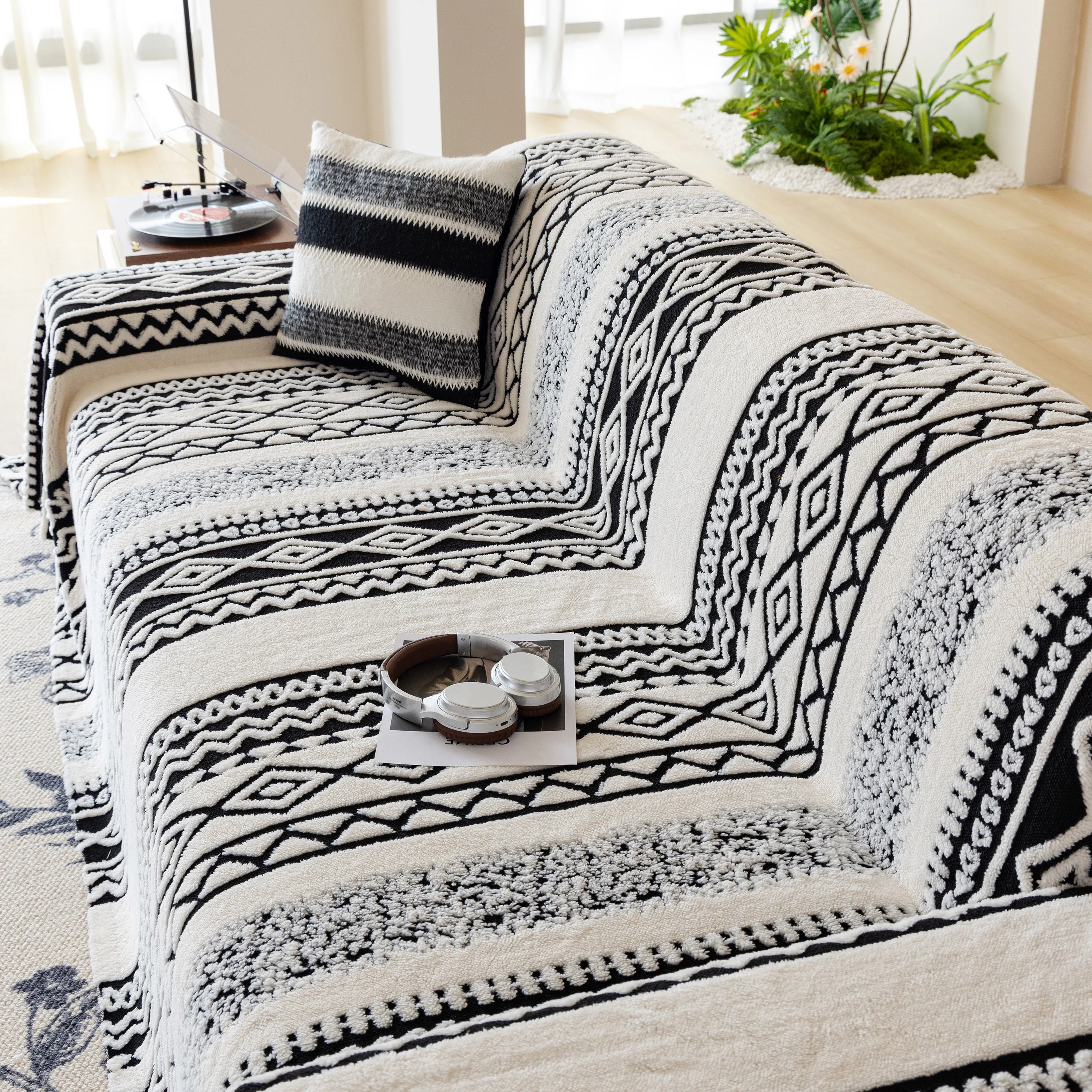 Bohemian Tufted Sofa Cover, Plush Fleece Throw Blanket with 3D Woven Aztec Stripes - Image 78