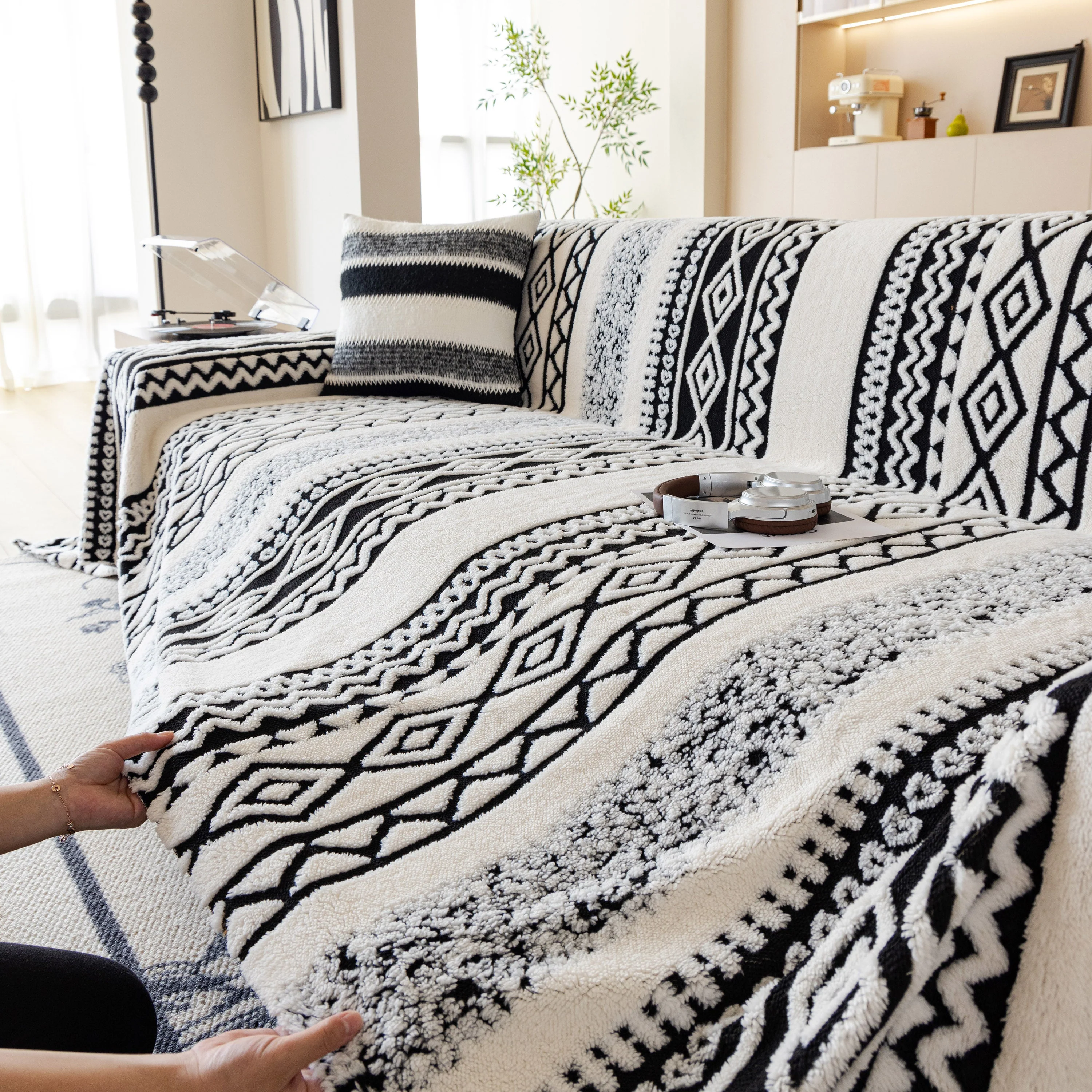 Bohemian Tufted Sofa Cover, Plush Fleece Throw Blanket with 3D Woven Aztec Stripes - Image 80