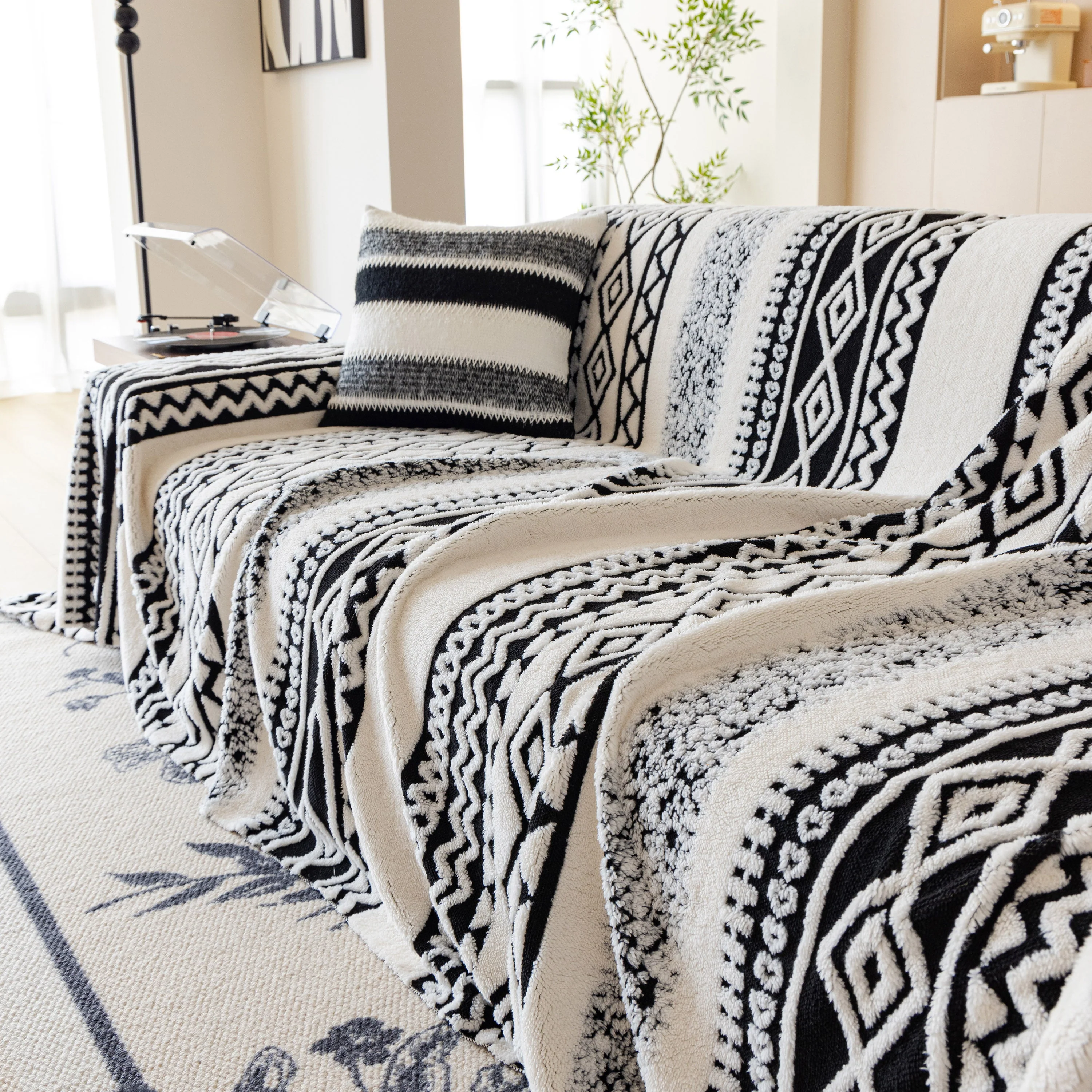 Bohemian Tufted Sofa Cover, Plush Fleece Throw Blanket with 3D Woven Aztec Stripes - Image 84