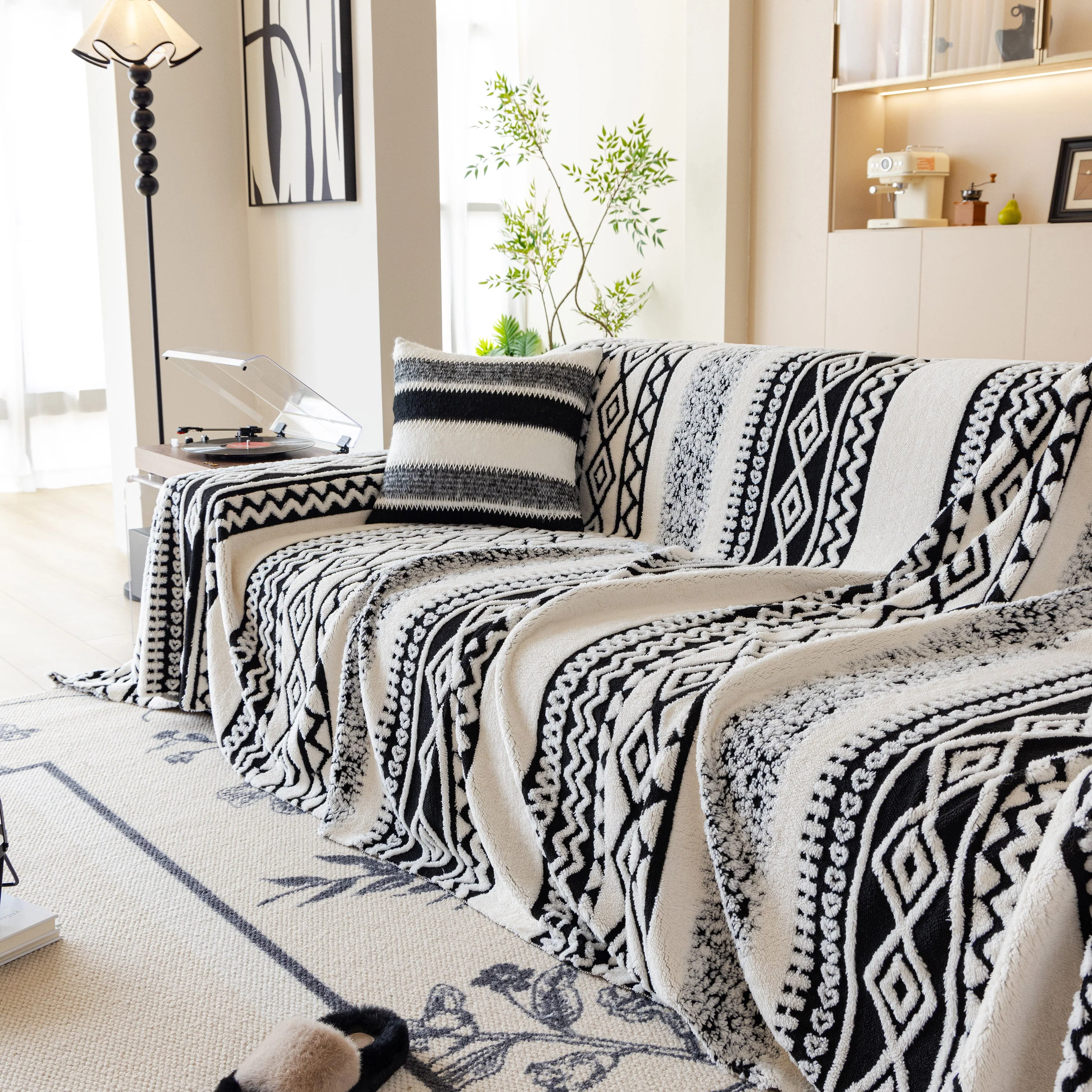 Bohemian Tufted Sofa Cover, Plush Fleece Throw Blanket with 3D Woven Aztec Stripes - Image 85