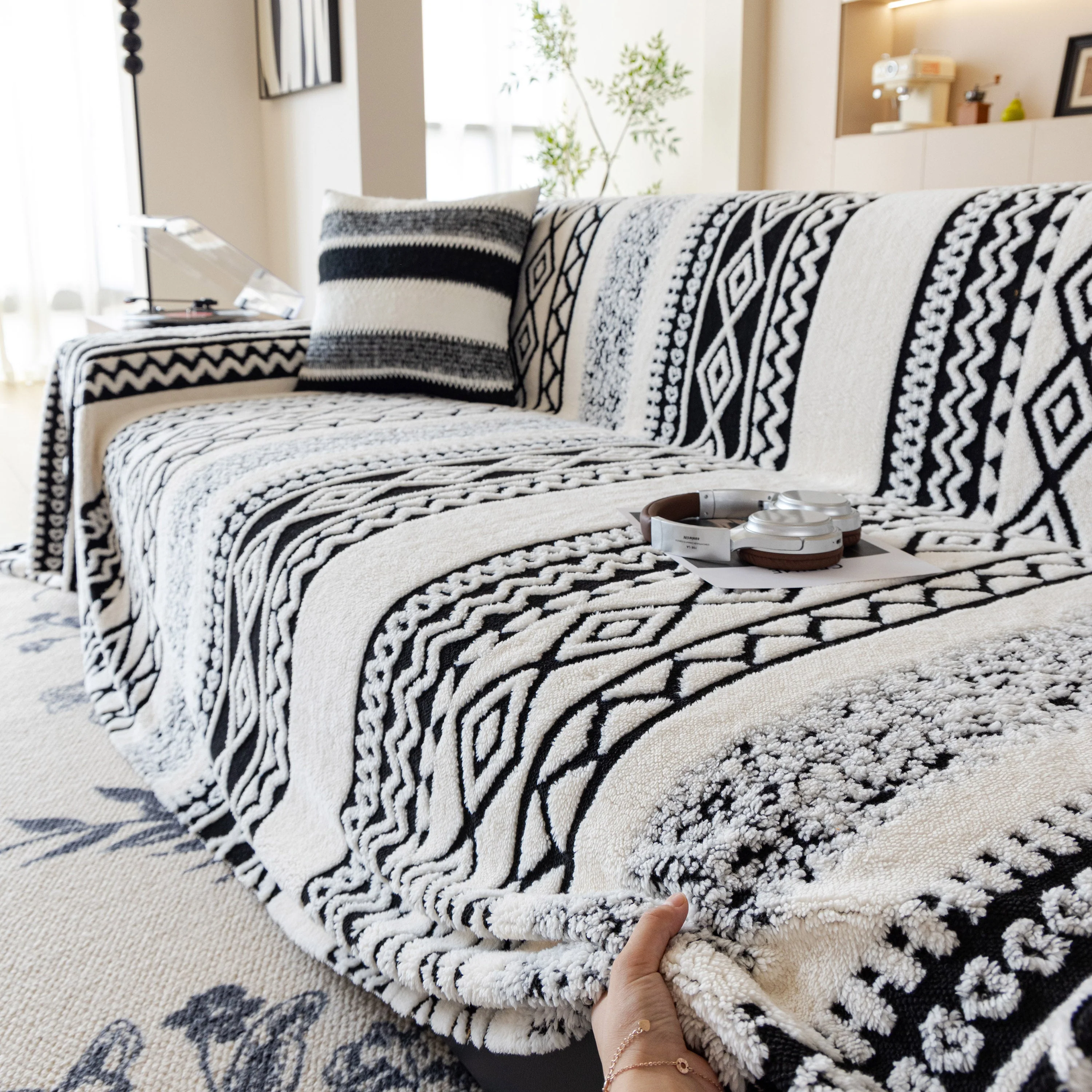 Bohemian Tufted Sofa Cover, Plush Fleece Throw Blanket with 3D Woven Aztec Stripes - Image 87