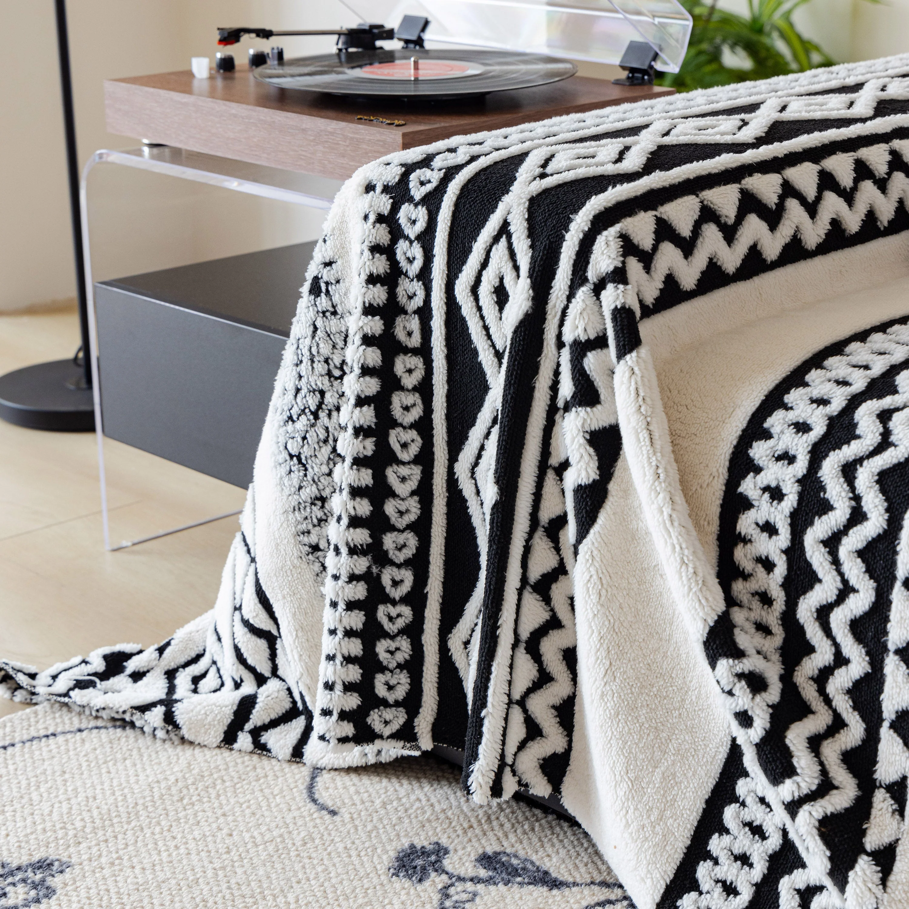Bohemian Tufted Sofa Cover, Plush Fleece Throw Blanket with 3D Woven Aztec Stripes - Image 88