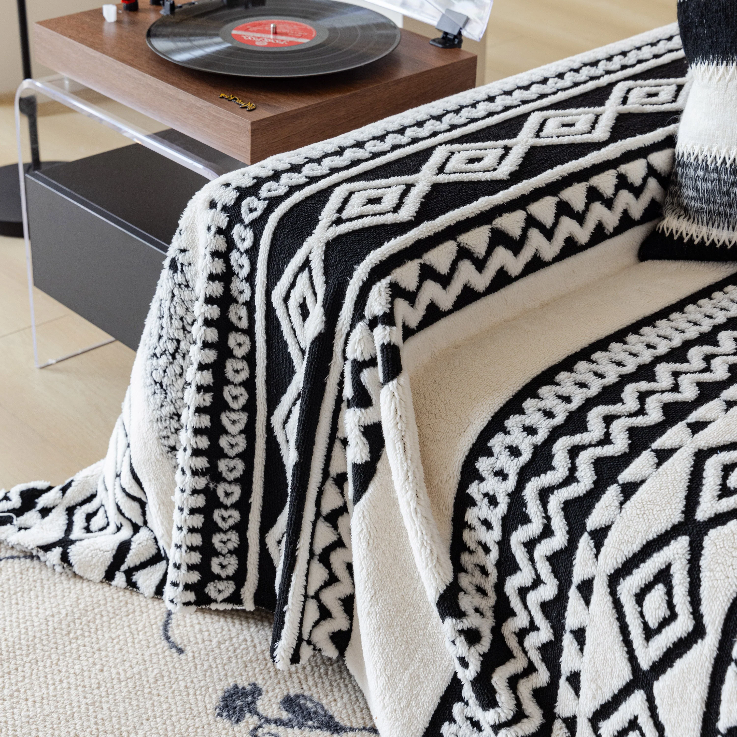 Bohemian Tufted Sofa Cover, Plush Fleece Throw Blanket with 3D Woven Aztec Stripes - Image 89