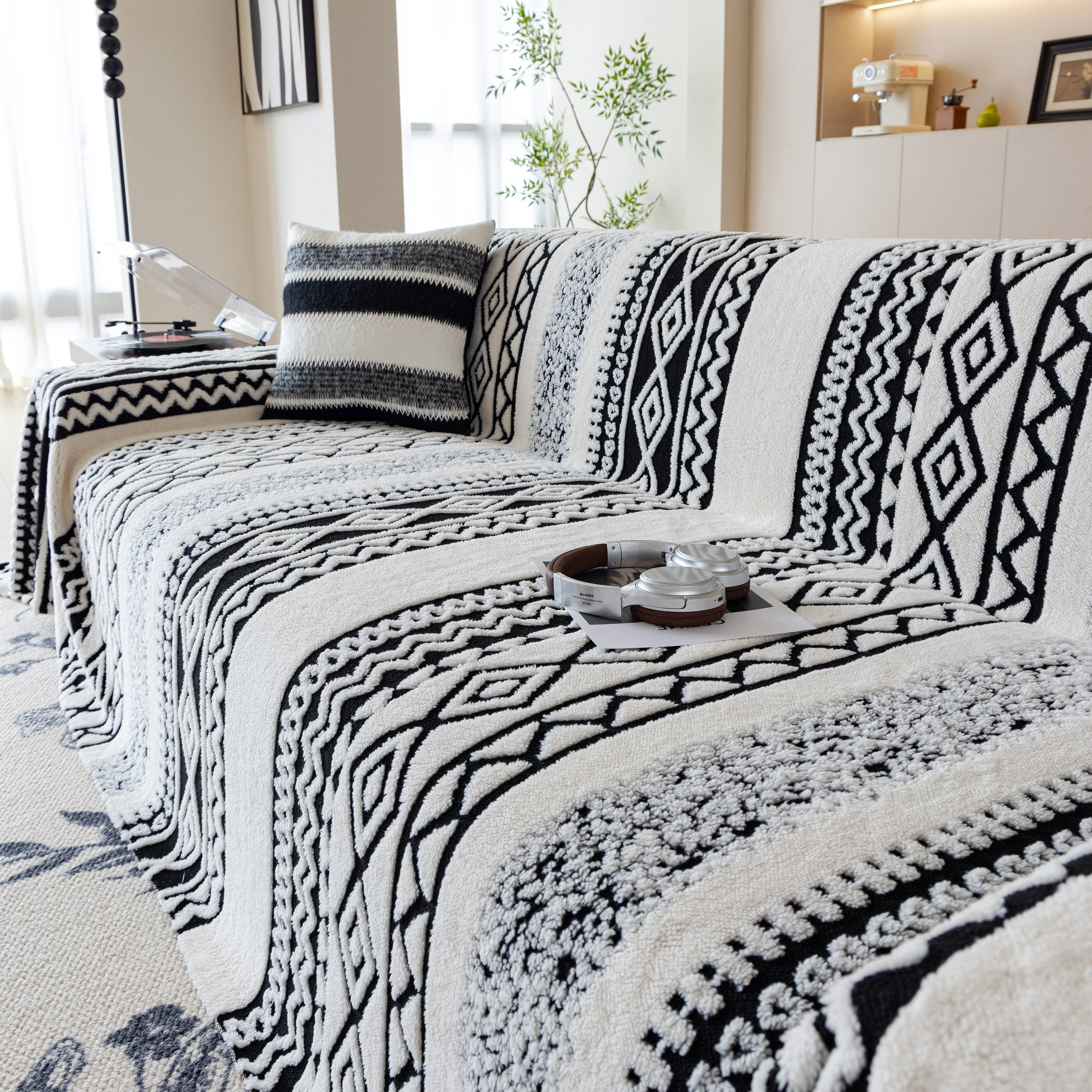 Bohemian Tufted Sofa Cover, Plush Fleece Throw Blanket with 3D Woven Aztec Stripes - Image 90