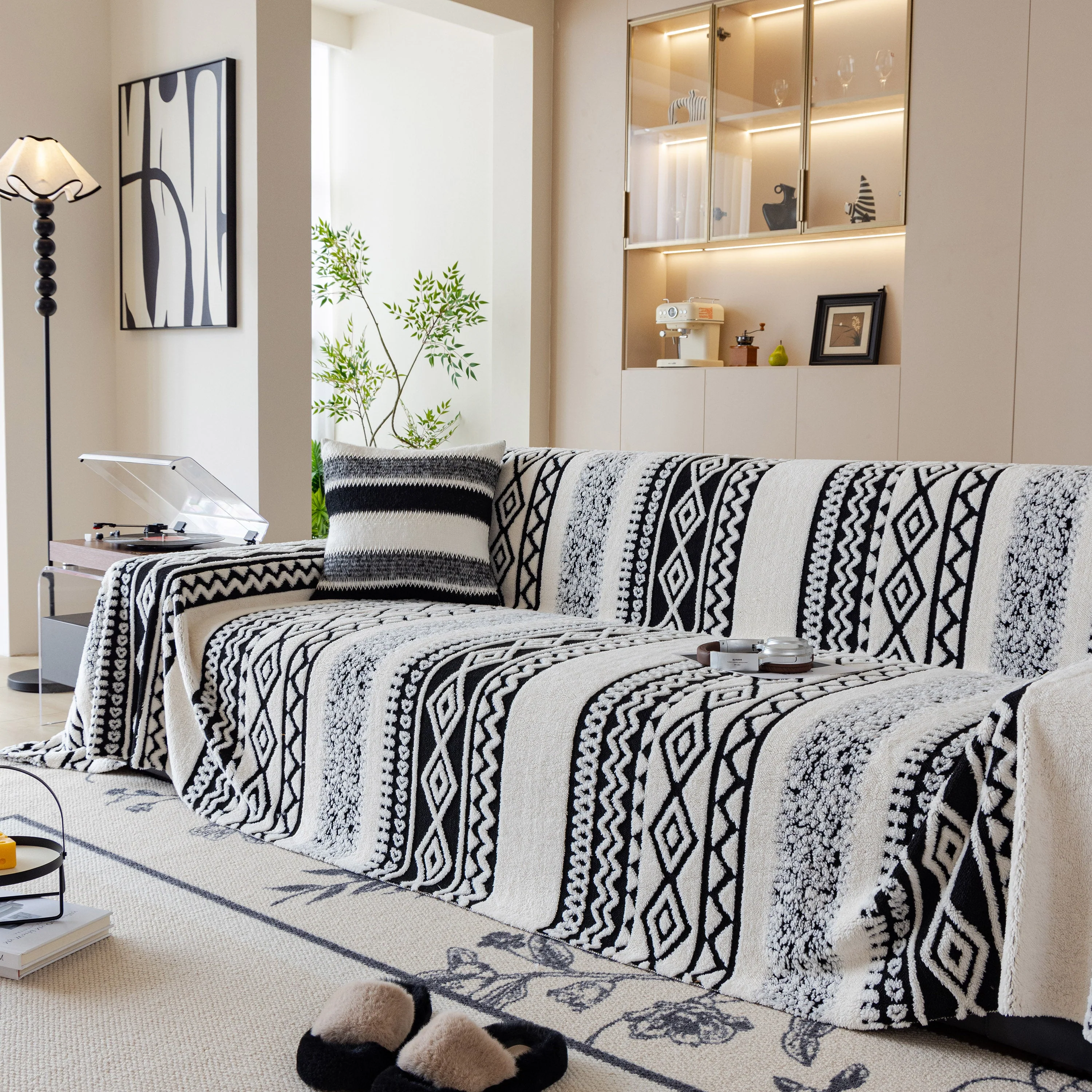 Bohemian Tufted Sofa Cover, Plush Fleece Throw Blanket with 3D Woven Aztec Stripes - Image 91