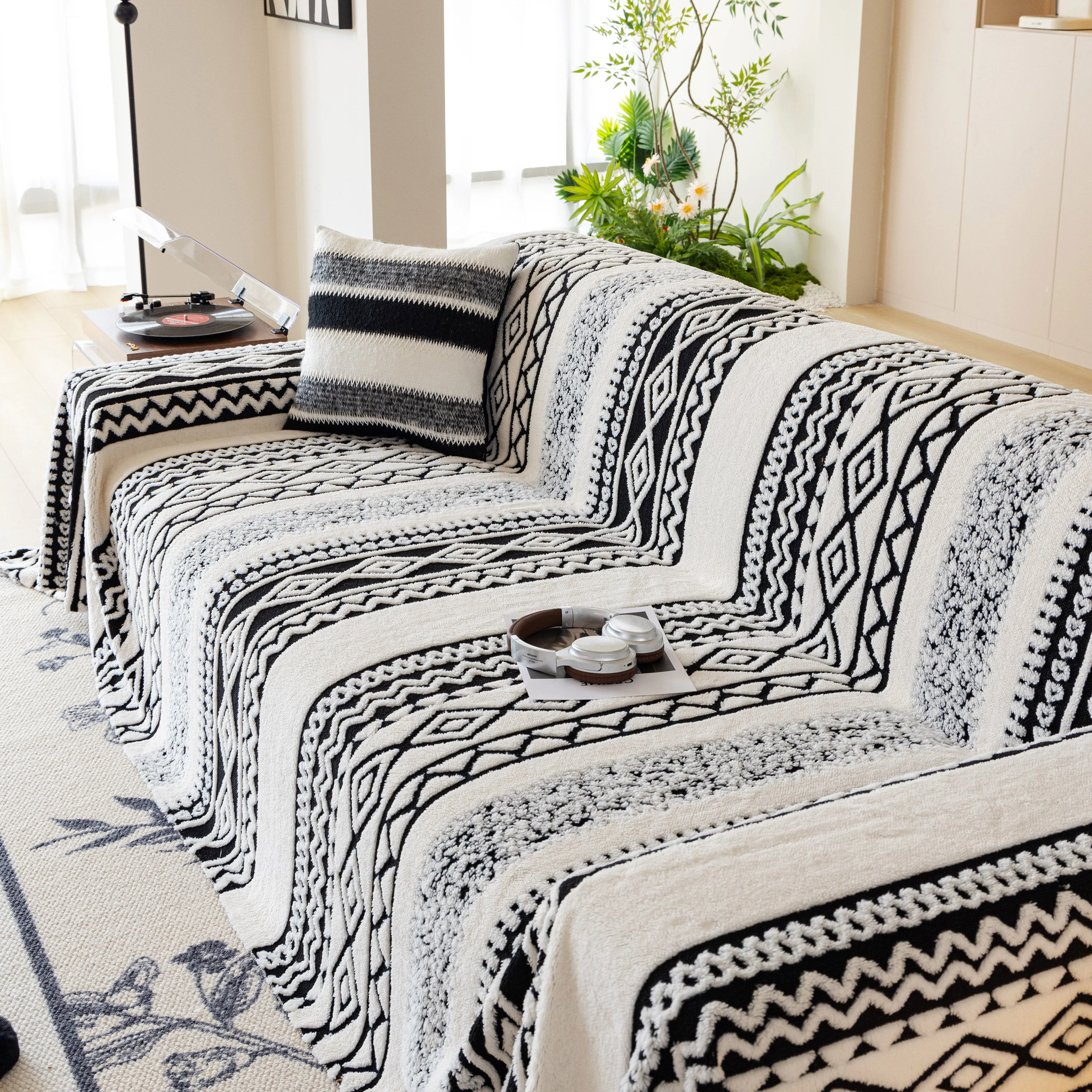 Bohemian Tufted Sofa Cover, Plush Fleece Throw Blanket with 3D Woven Aztec Stripes - Image 92