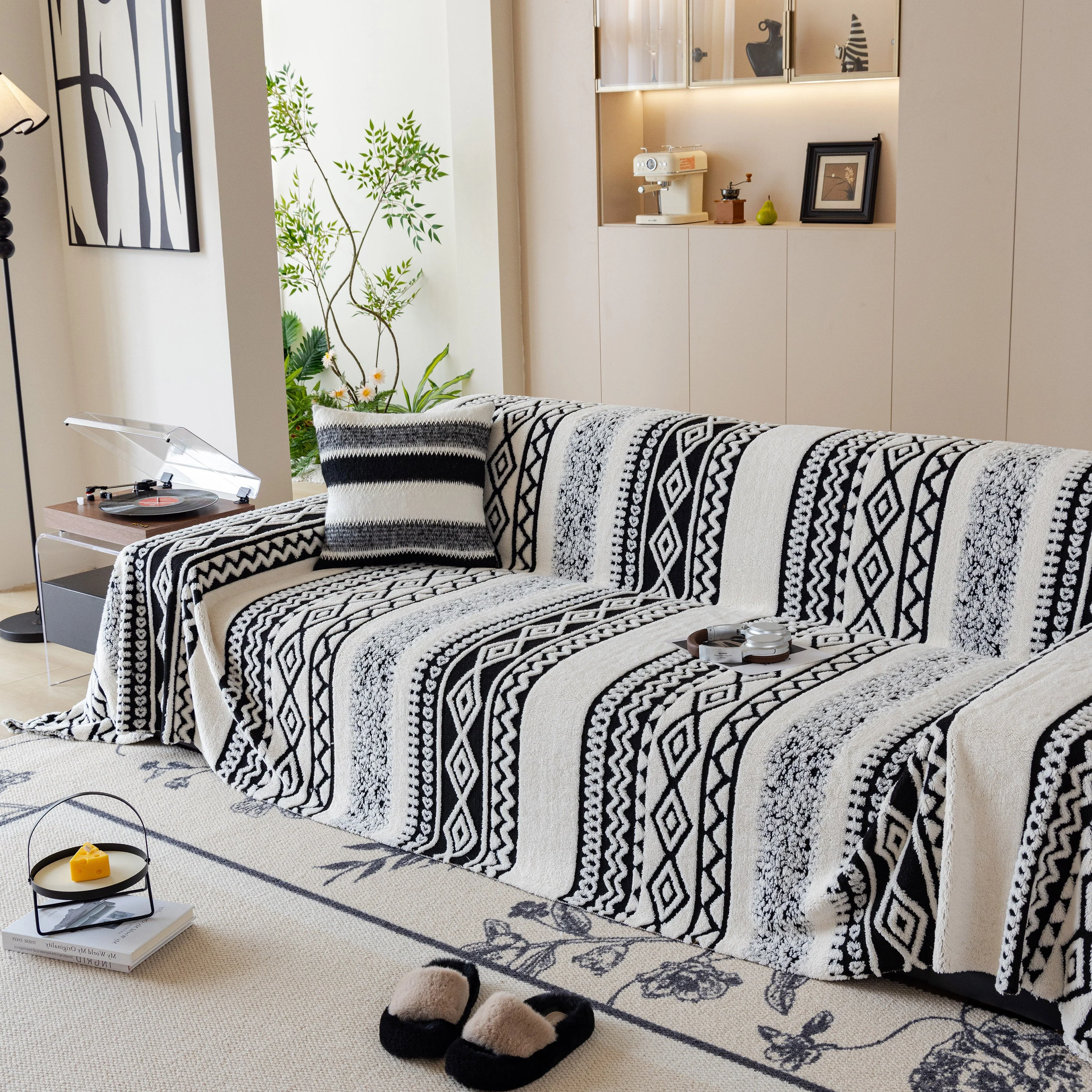 Bohemian Tufted Sofa Cover, Plush Fleece Throw Blanket with 3D Woven Aztec Stripes - Image 93