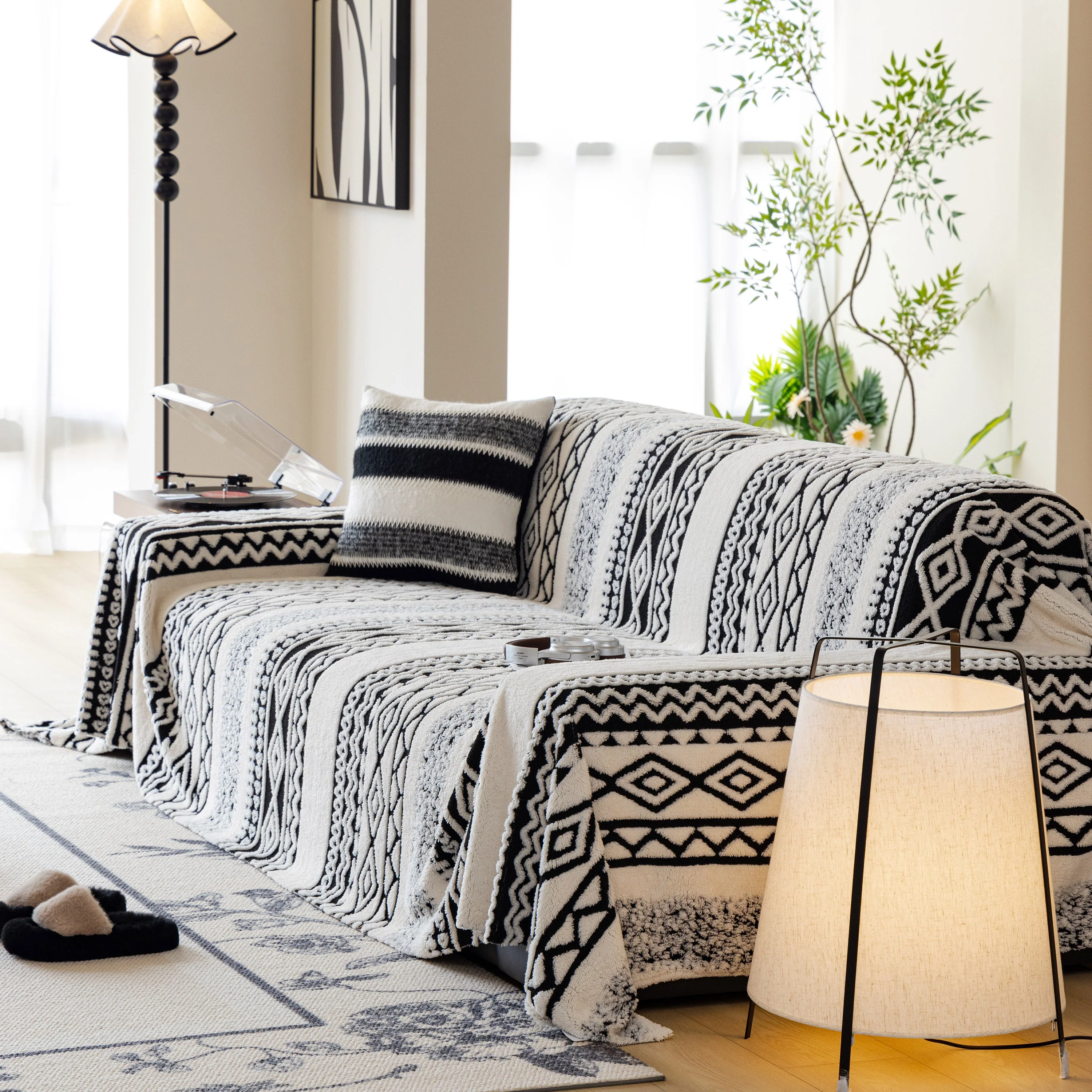Bohemian Tufted Sofa Cover, Plush Fleece Throw Blanket with 3D Woven Aztec Stripes - Image 94