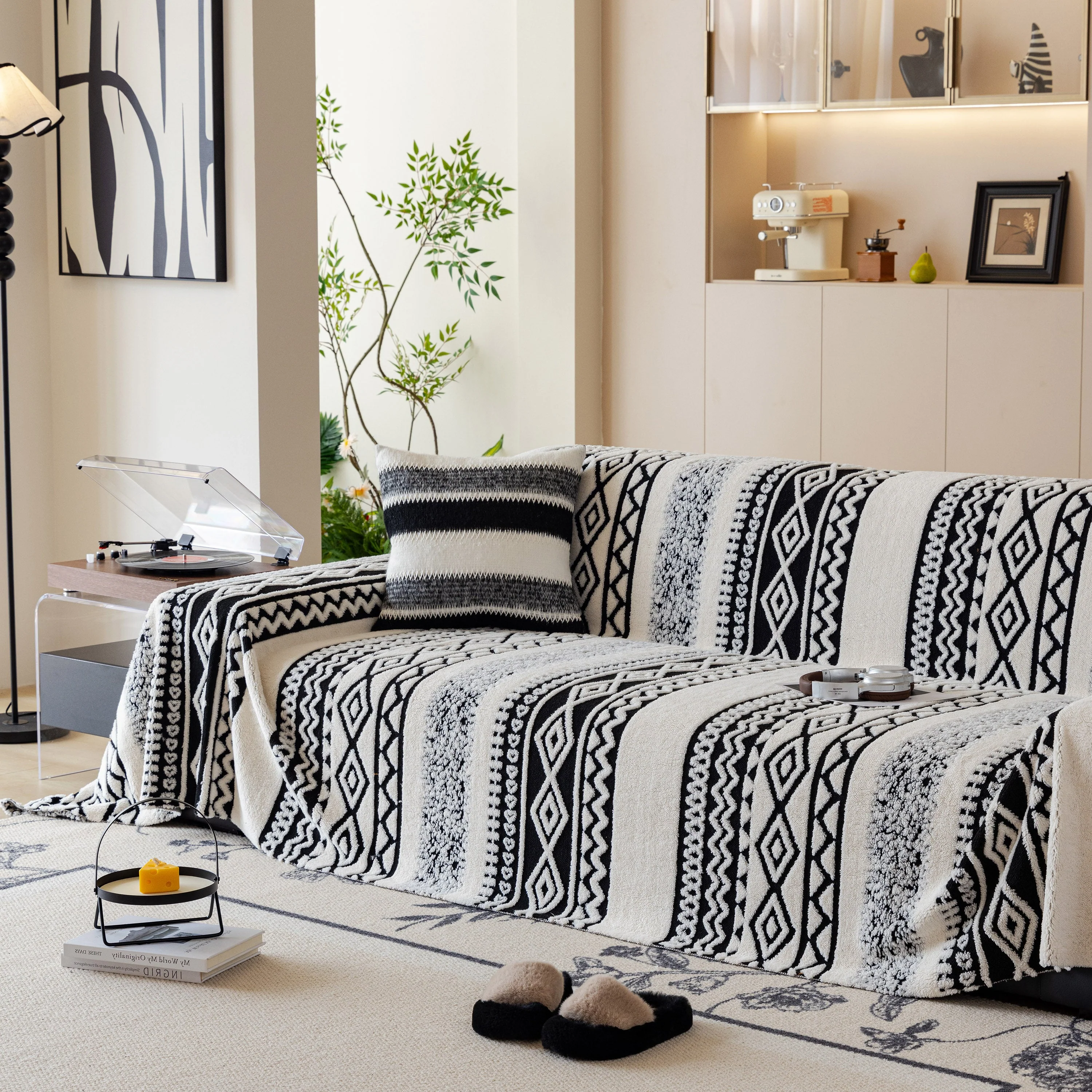 Bohemian Tufted Sofa Cover, Plush Fleece Throw Blanket with 3D Woven Aztec Stripes - Image 95
