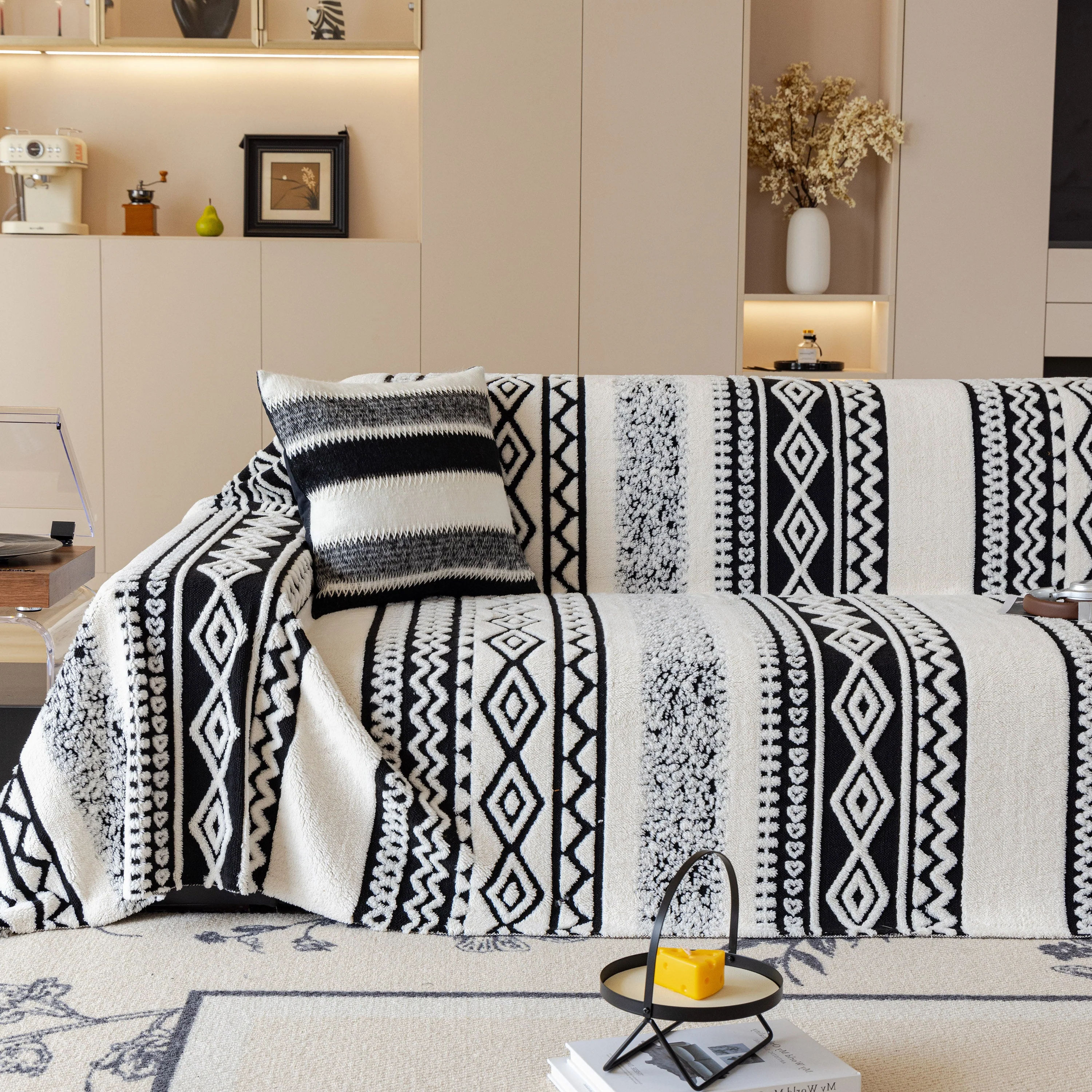 Bohemian Tufted Sofa Cover, Plush Fleece Throw Blanket with 3D Woven Aztec Stripes - Image 96