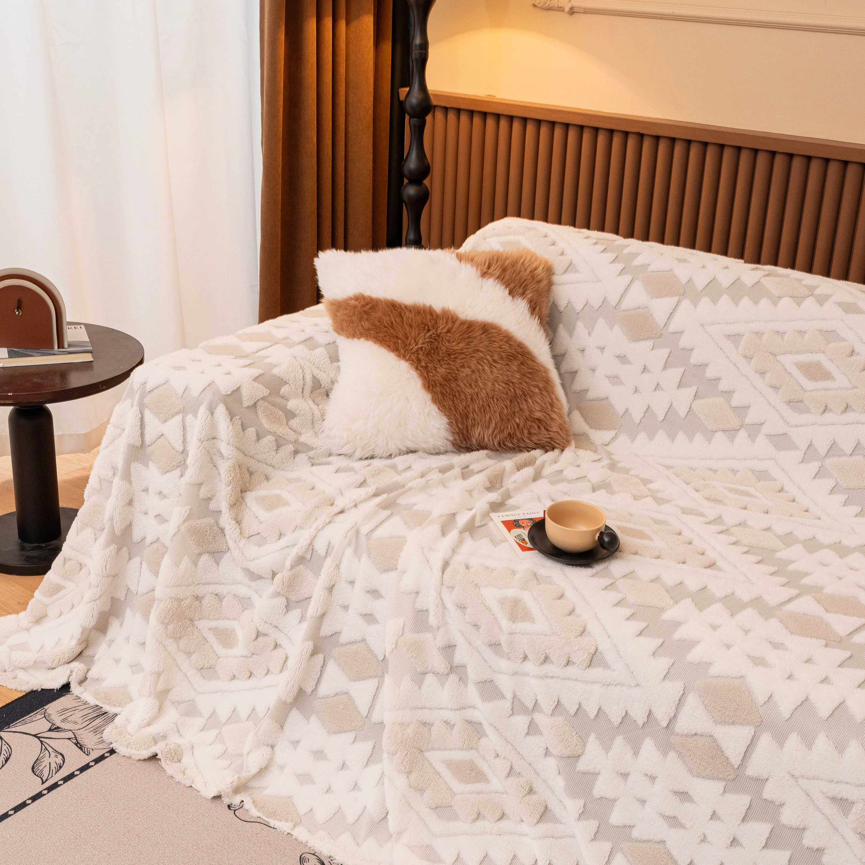 Bohemian Tufted Sofa Cover, Soft Sherpa Fleece Throw Blanket with 3D Aztec Geometric - Image 101