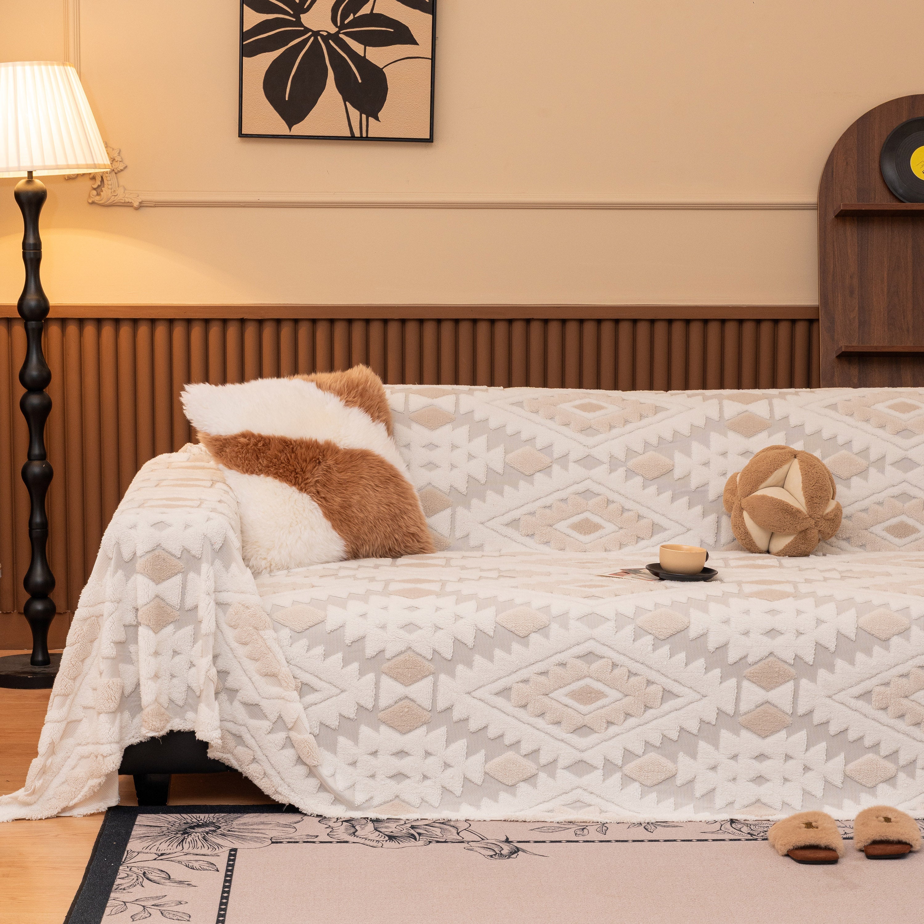 Bohemian Tufted Sofa Cover, Soft Sherpa Fleece Throw Blanket with 3D Aztec Geometric - Image 102