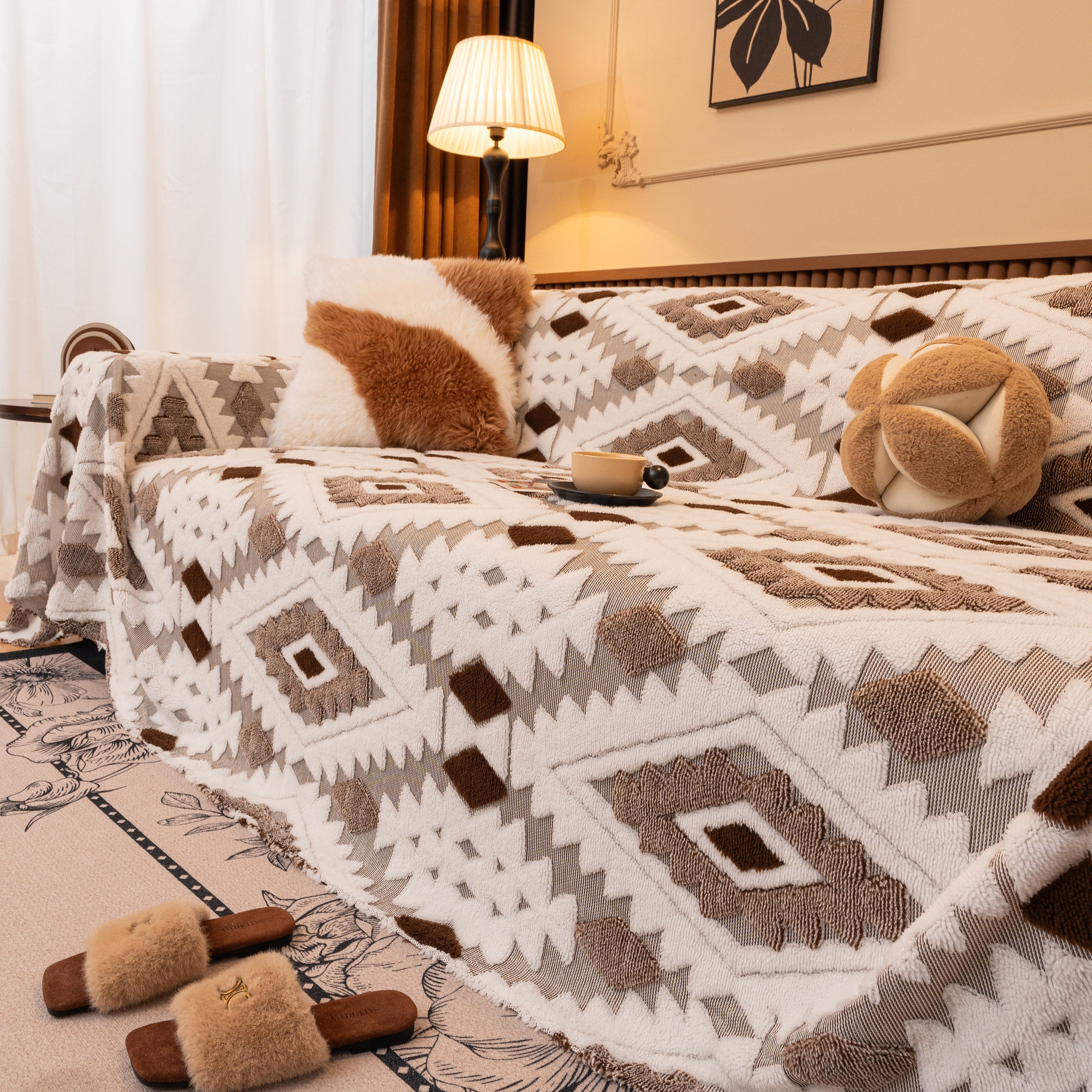 Bohemian Tufted Sofa Cover, Soft Sherpa Fleece Throw Blanket with 3D Aztec Geometric - Image 103