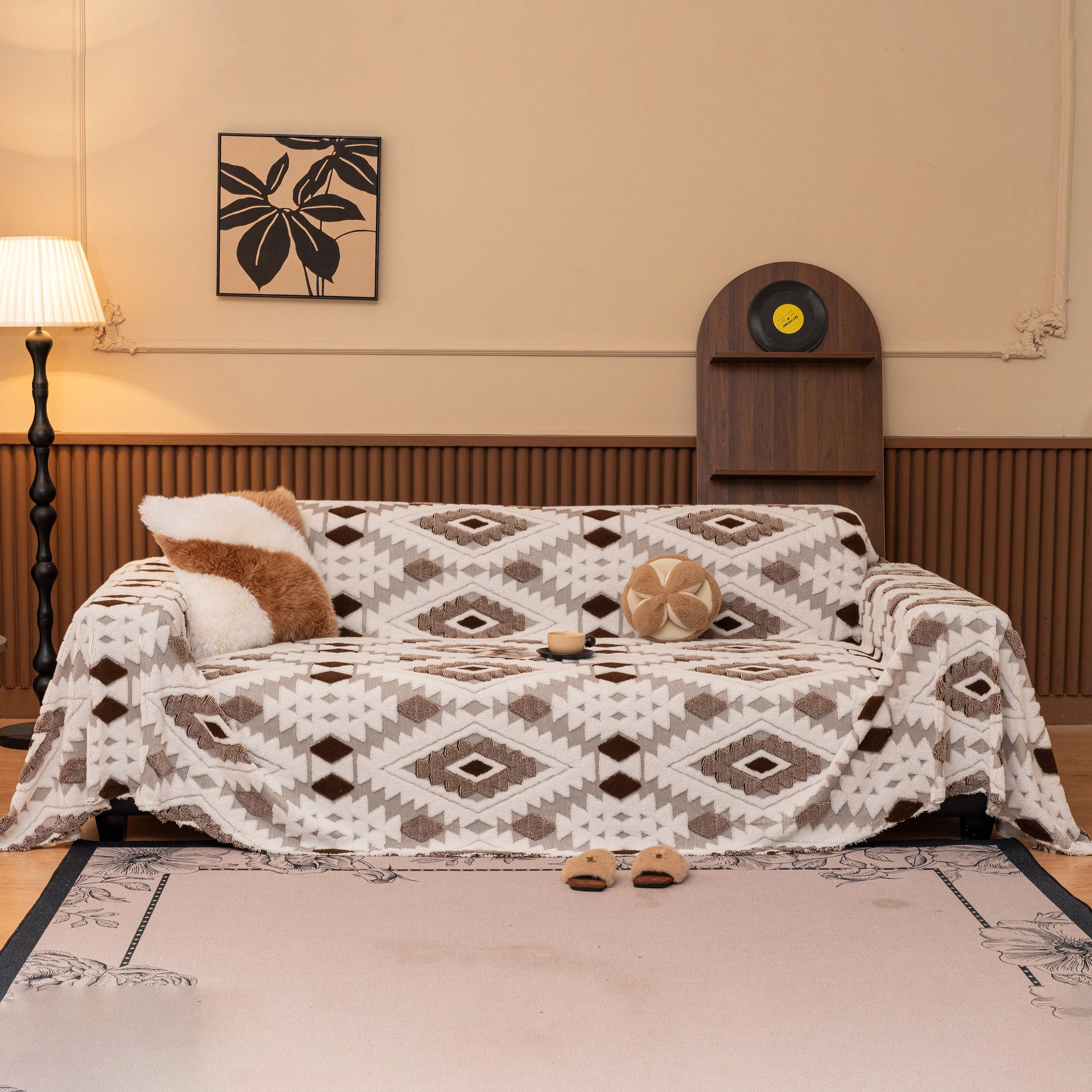 Bohemian Tufted Sofa Cover, Soft Sherpa Fleece Throw Blanket with 3D Aztec Geometric - Image 104