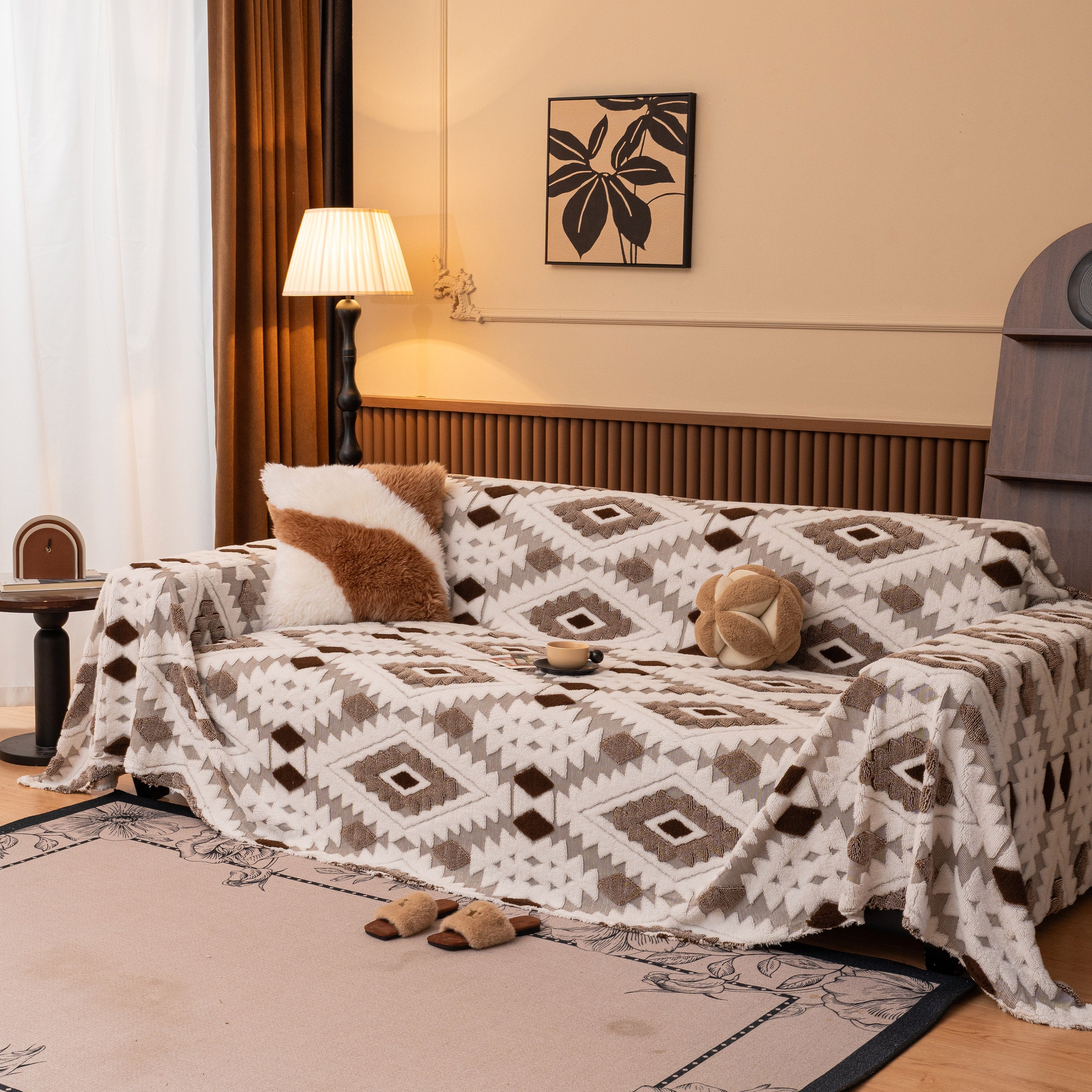 Bohemian Tufted Sofa Cover, Soft Sherpa Fleece Throw Blanket with 3D Aztec Geometric - Image 105