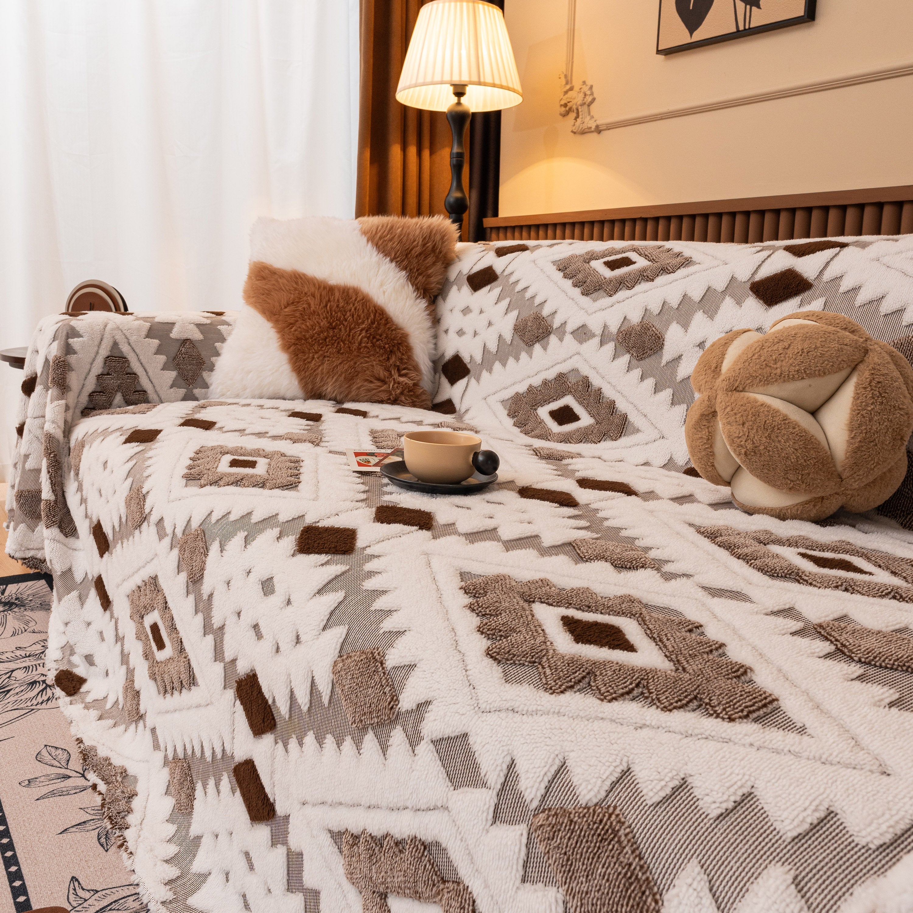 Bohemian Tufted Sofa Cover, Soft Sherpa Fleece Throw Blanket with 3D Aztec Geometric - Image 106