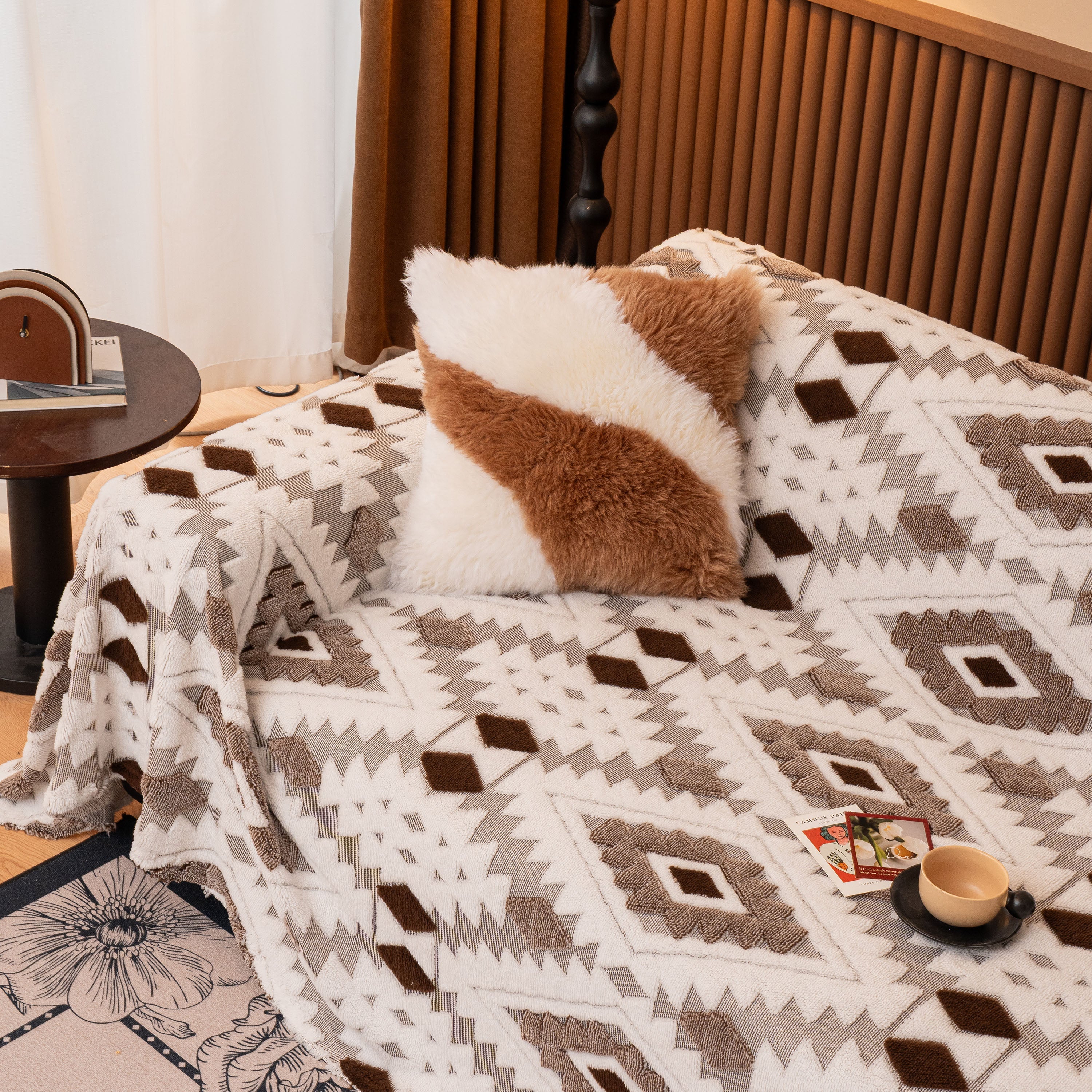 Bohemian Tufted Sofa Cover, Soft Sherpa Fleece Throw Blanket with 3D Aztec Geometric - Image 107