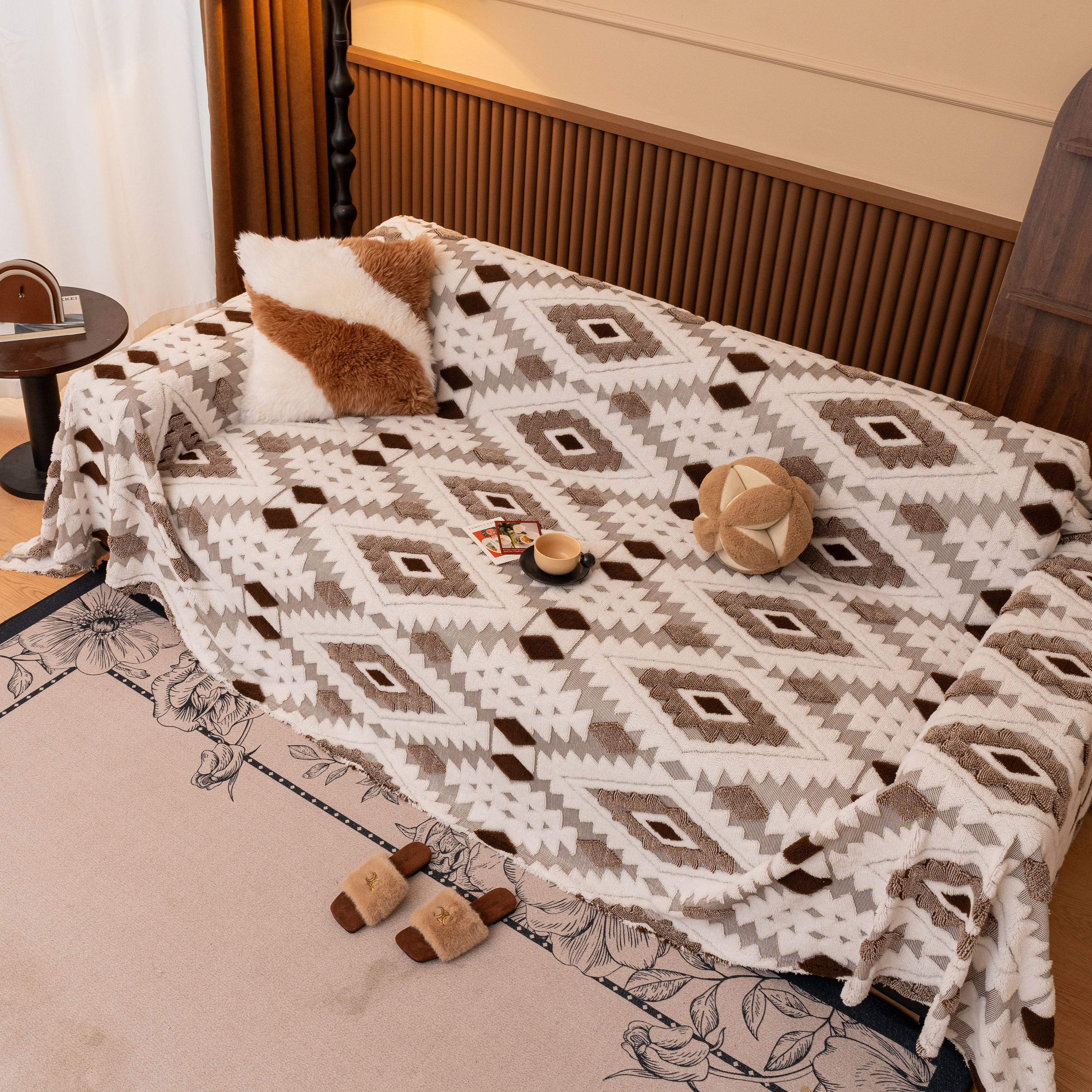 Bohemian Tufted Sofa Cover, Soft Sherpa Fleece Throw Blanket with 3D Aztec Geometric - Image 108