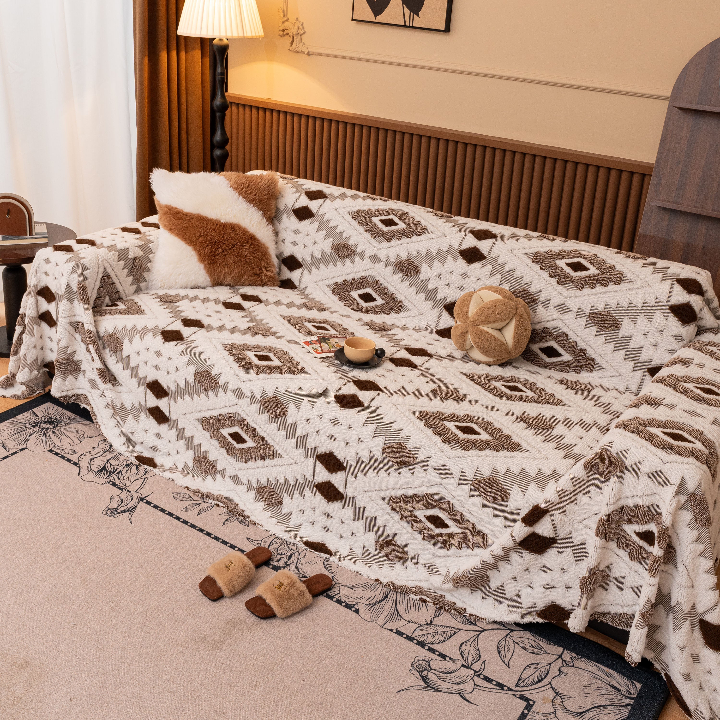 Bohemian Tufted Sofa Cover, Soft Sherpa Fleece Throw Blanket with 3D Aztec Geometric - Image 109