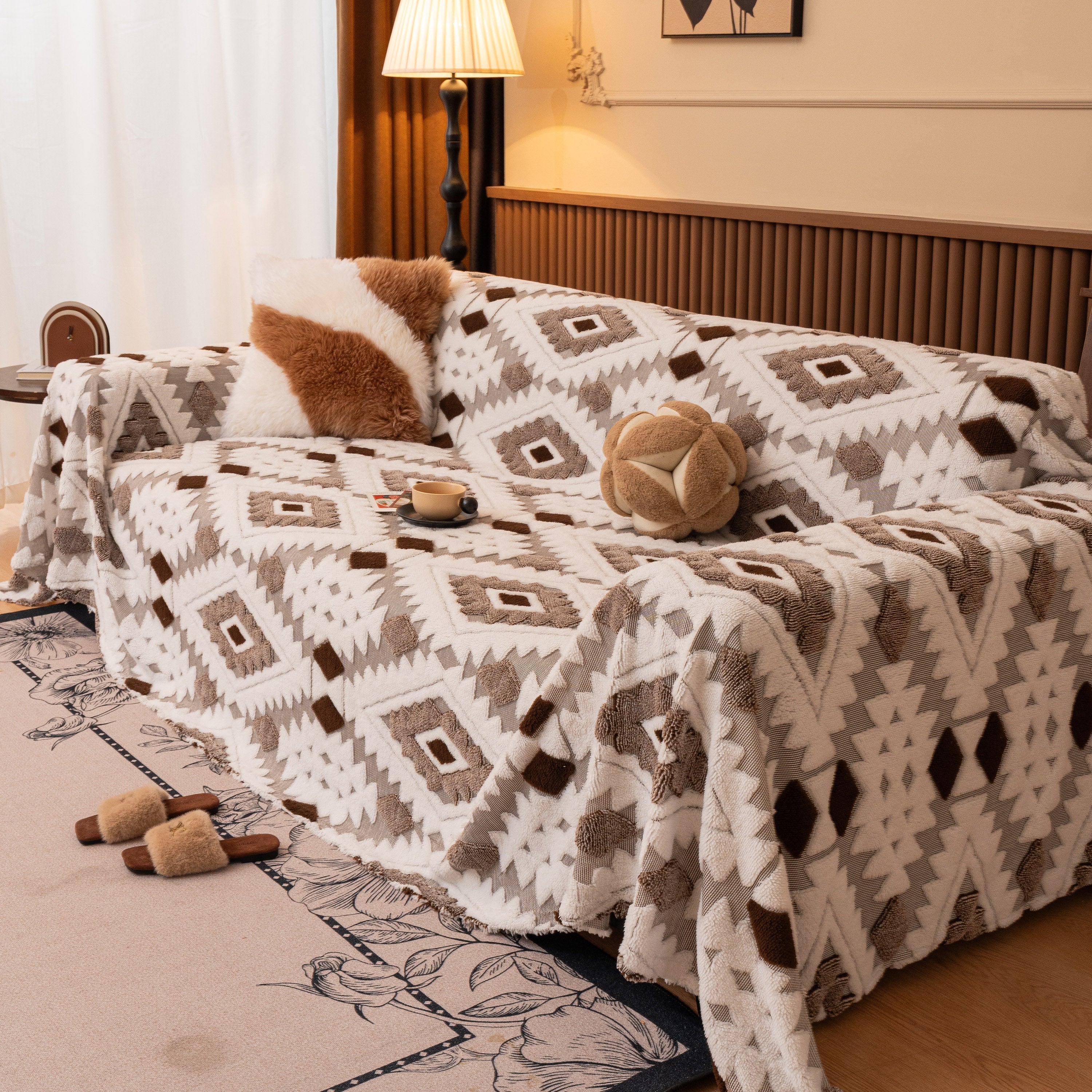 Bohemian Tufted Sofa Cover, Soft Sherpa Fleece Throw Blanket with 3D Aztec Geometric - Image 110