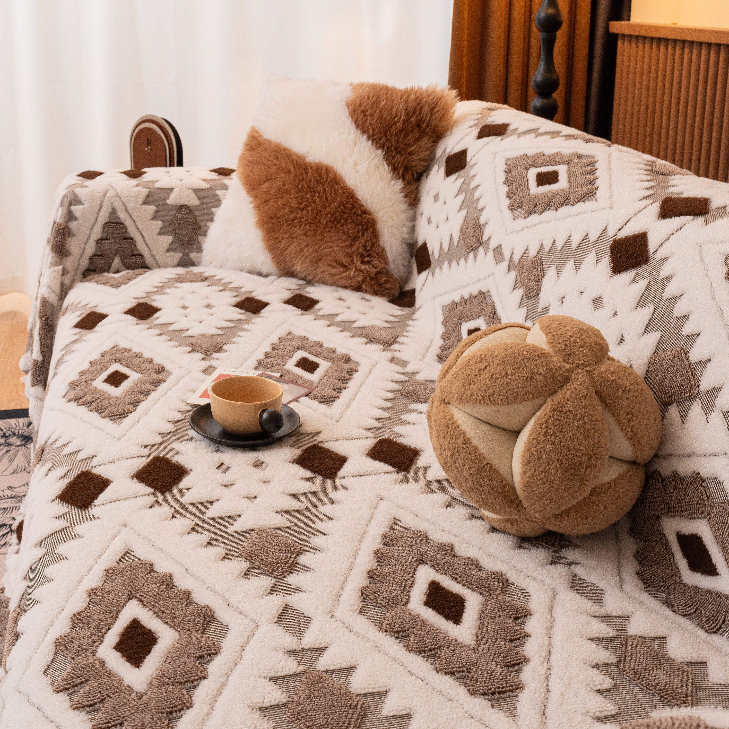 Bohemian Tufted Sofa Cover, Soft Sherpa Fleece Throw Blanket with 3D Aztec Geometric - Image 111