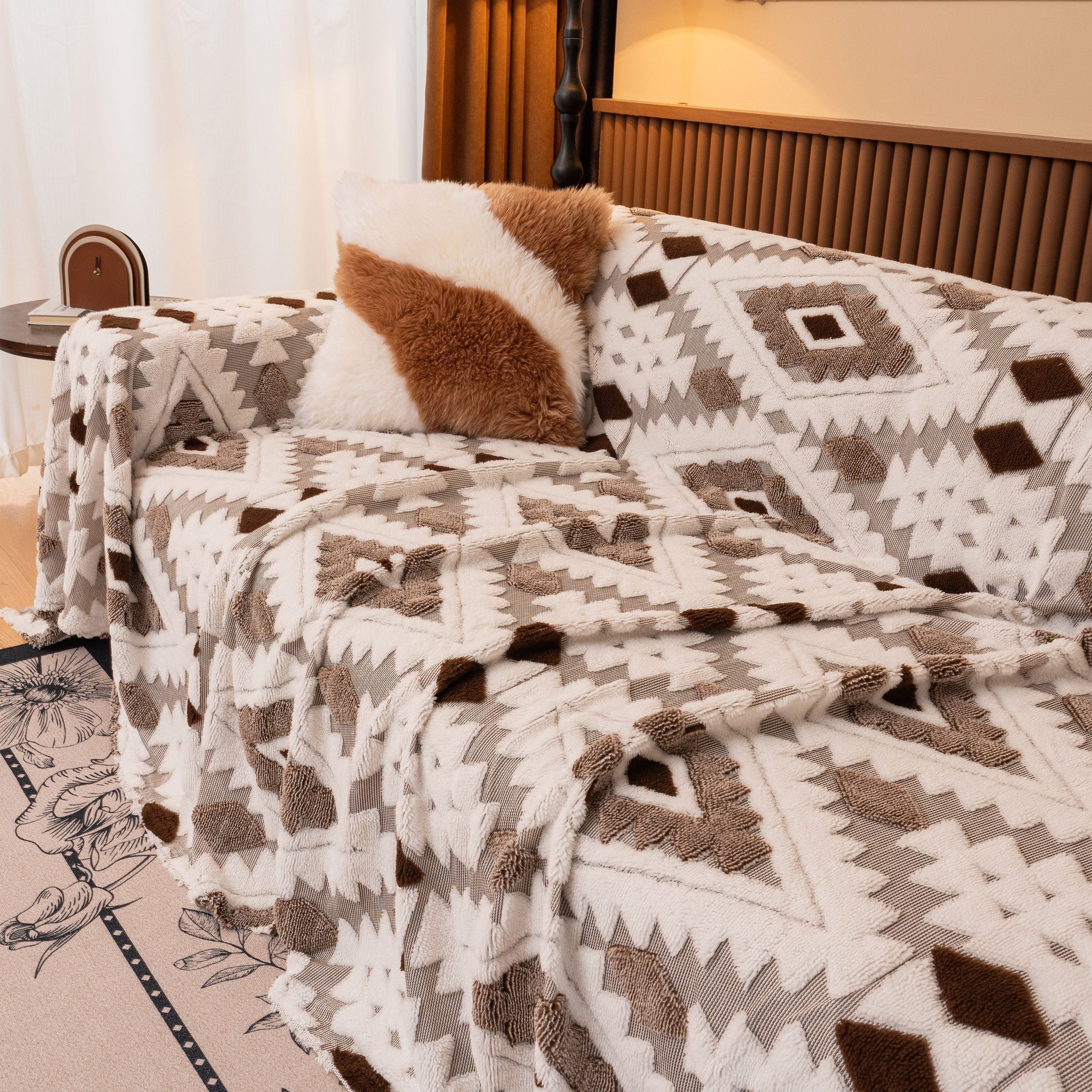 Bohemian Tufted Sofa Cover, Soft Sherpa Fleece Throw Blanket with 3D Aztec Geometric - Image 114