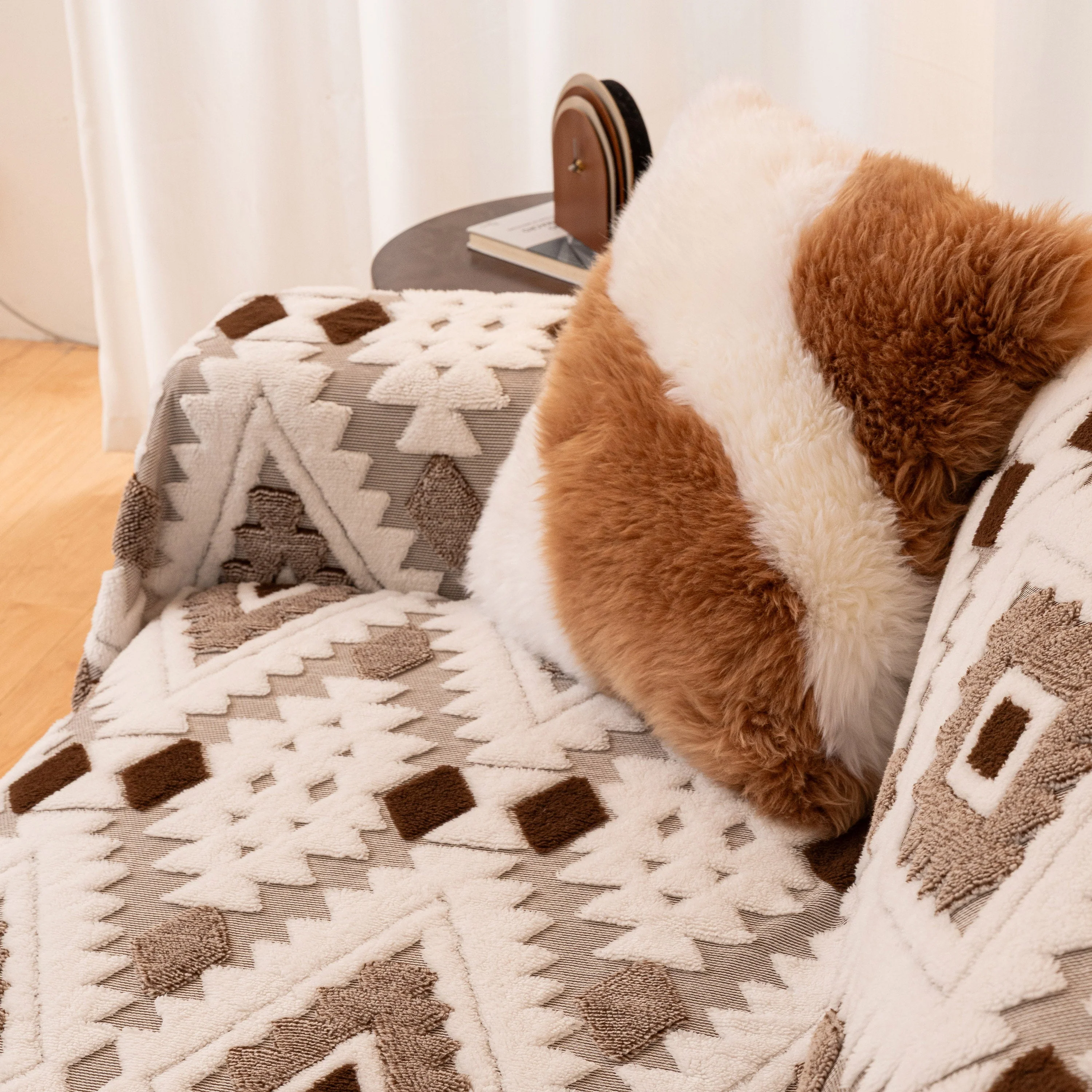 Bohemian Tufted Sofa Cover, Soft Sherpa Fleece Throw Blanket with 3D Aztec Geometric - Image 115