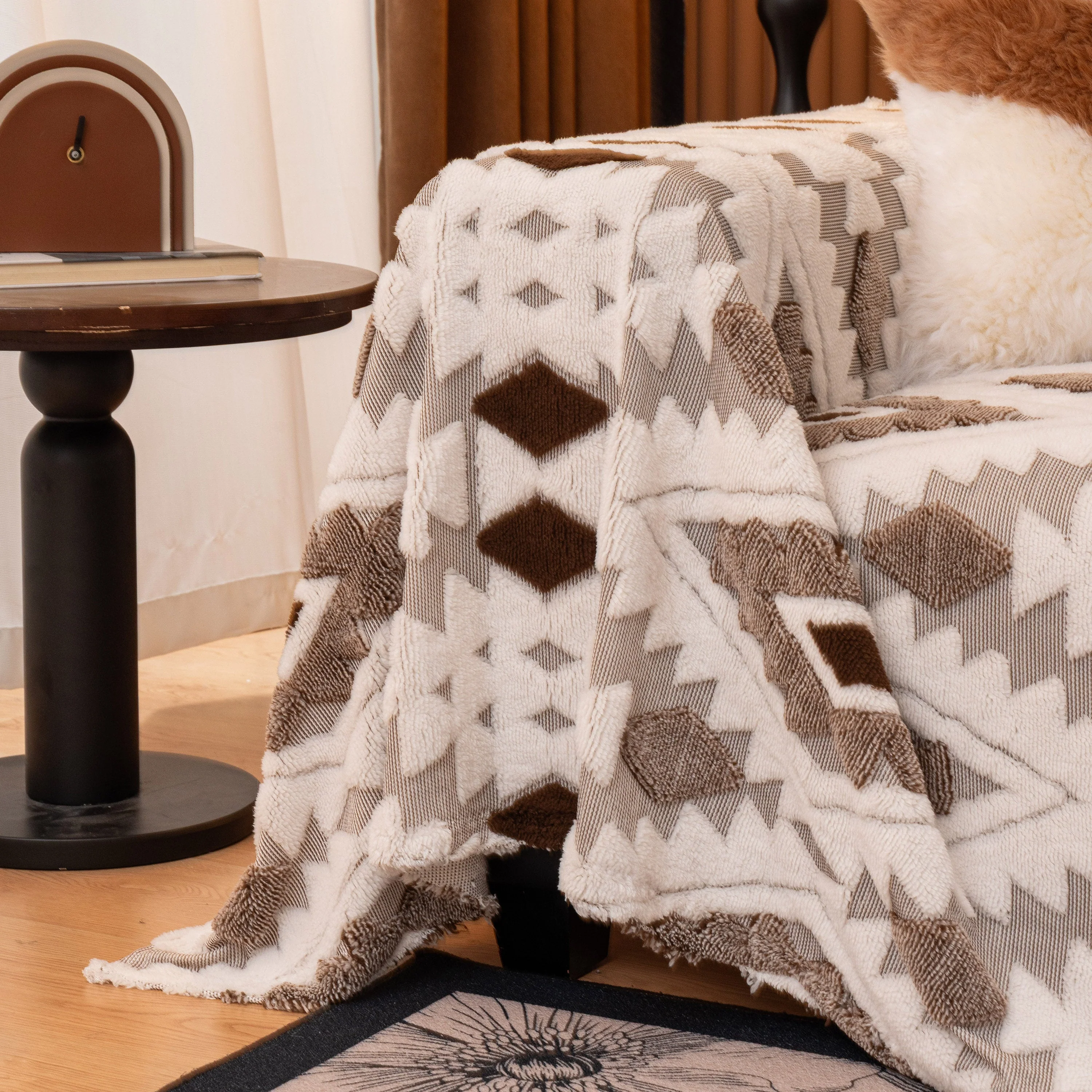 Bohemian Tufted Sofa Cover, Soft Sherpa Fleece Throw Blanket with 3D Aztec Geometric - Image 116
