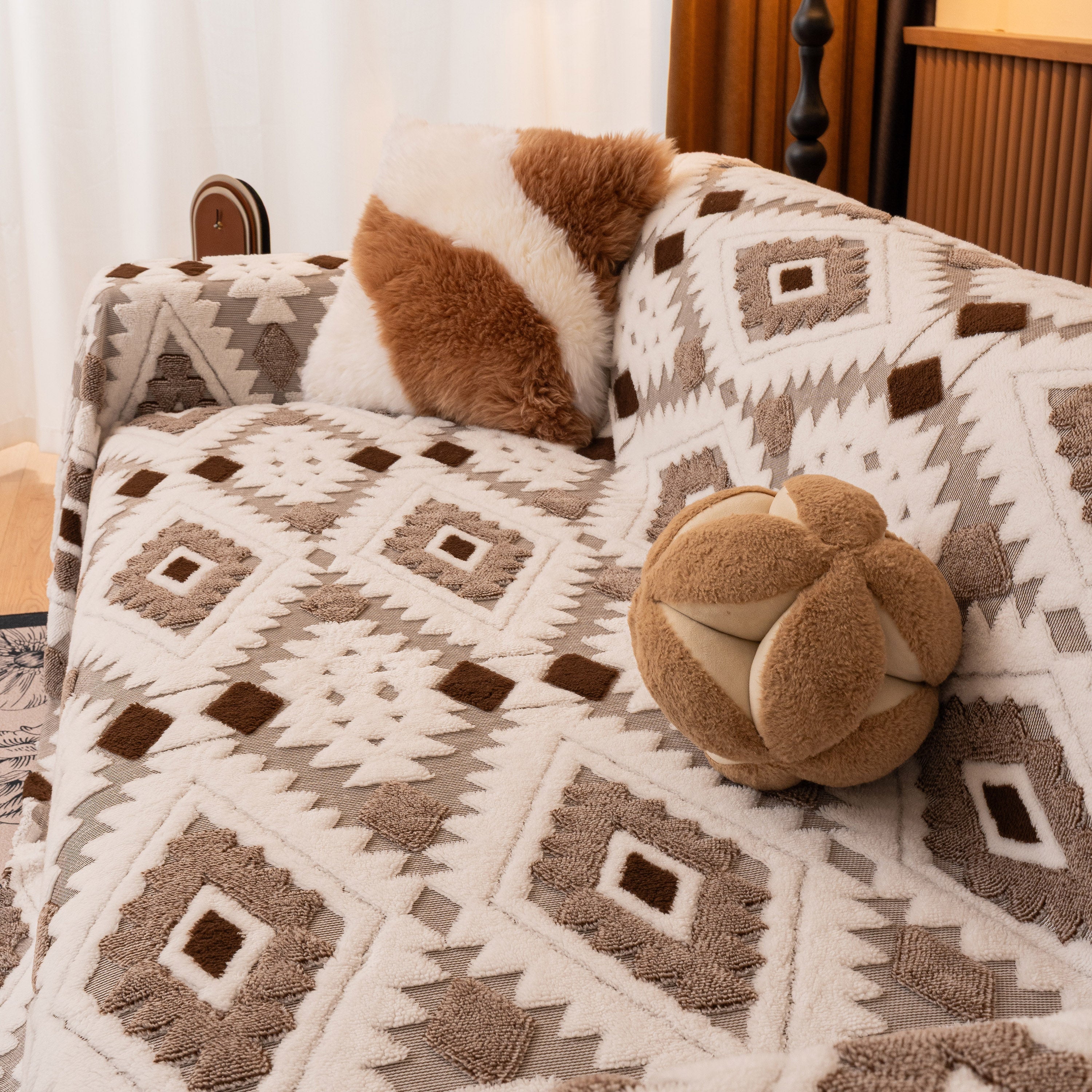 Bohemian Tufted Sofa Cover, Soft Sherpa Fleece Throw Blanket with 3D Aztec Geometric - Image 117