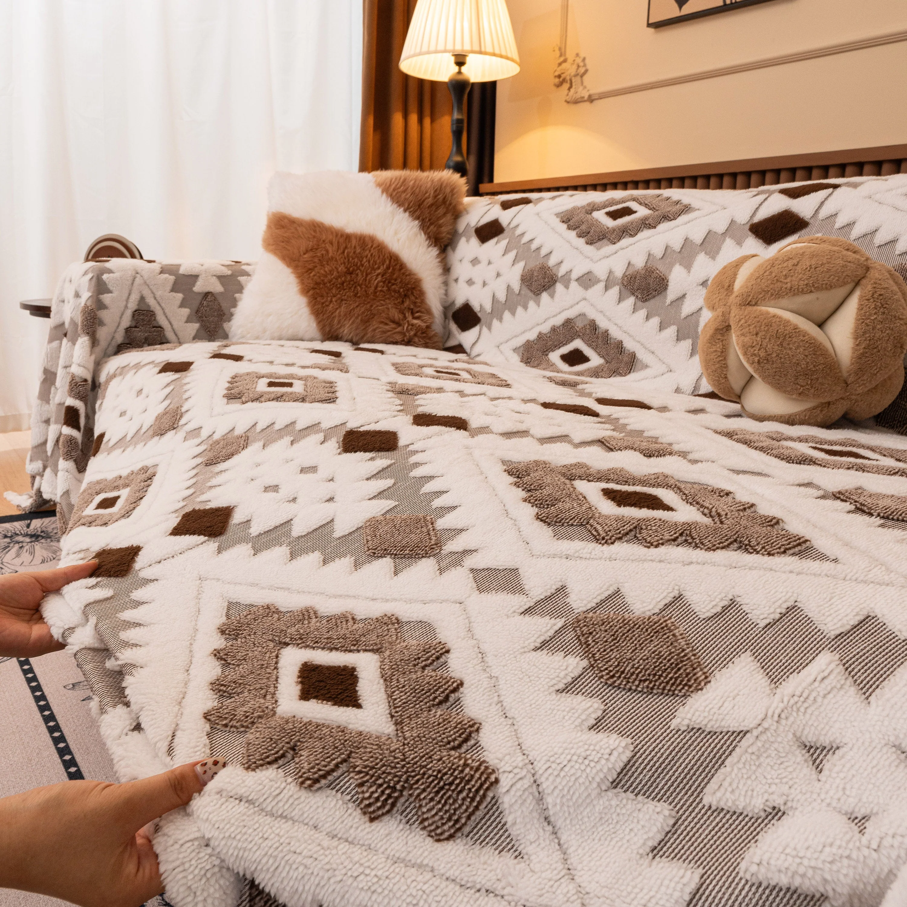 Bohemian Tufted Sofa Cover, Soft Sherpa Fleece Throw Blanket with 3D Aztec Geometric - Image 118