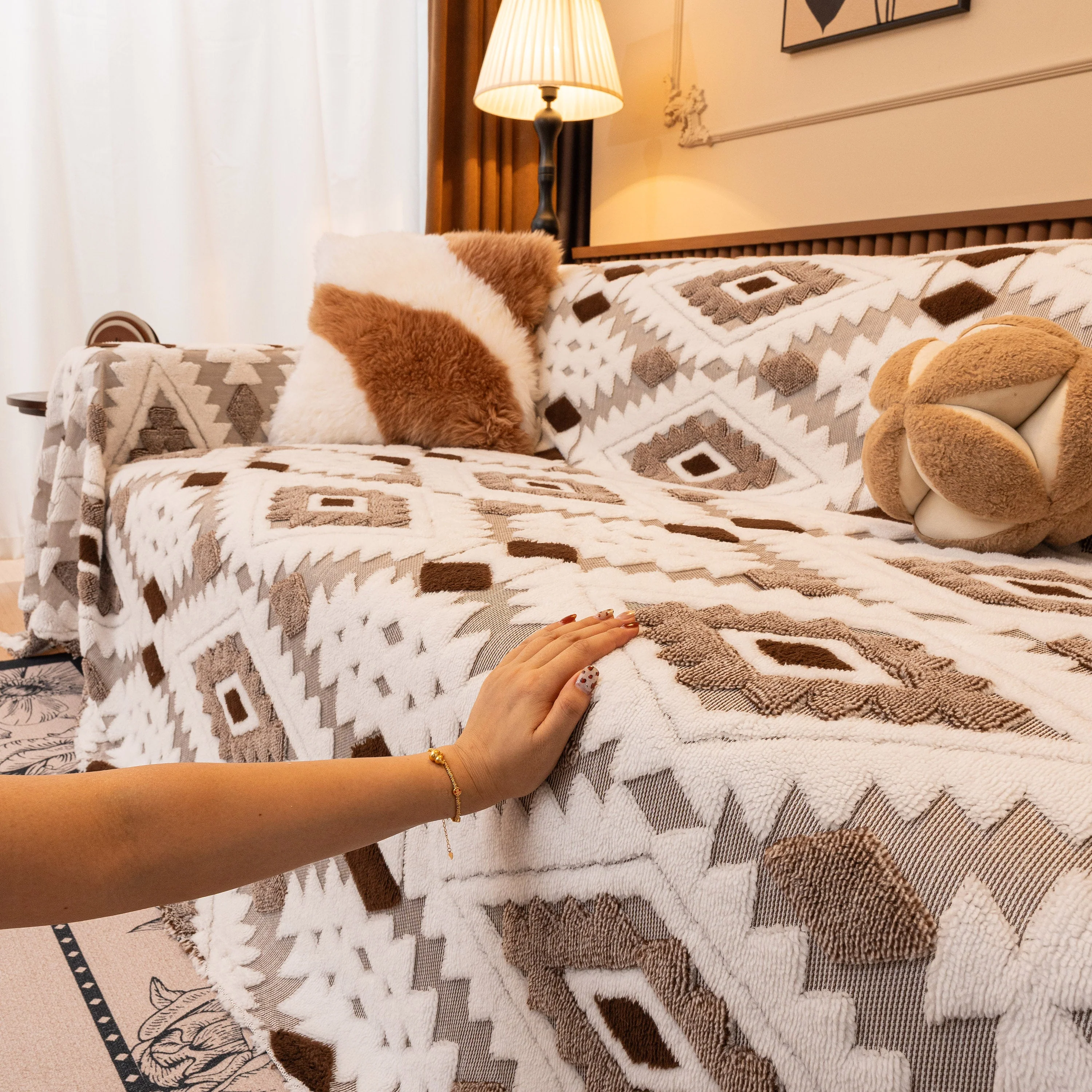 Bohemian Tufted Sofa Cover, Soft Sherpa Fleece Throw Blanket with 3D Aztec Geometric - Image 121