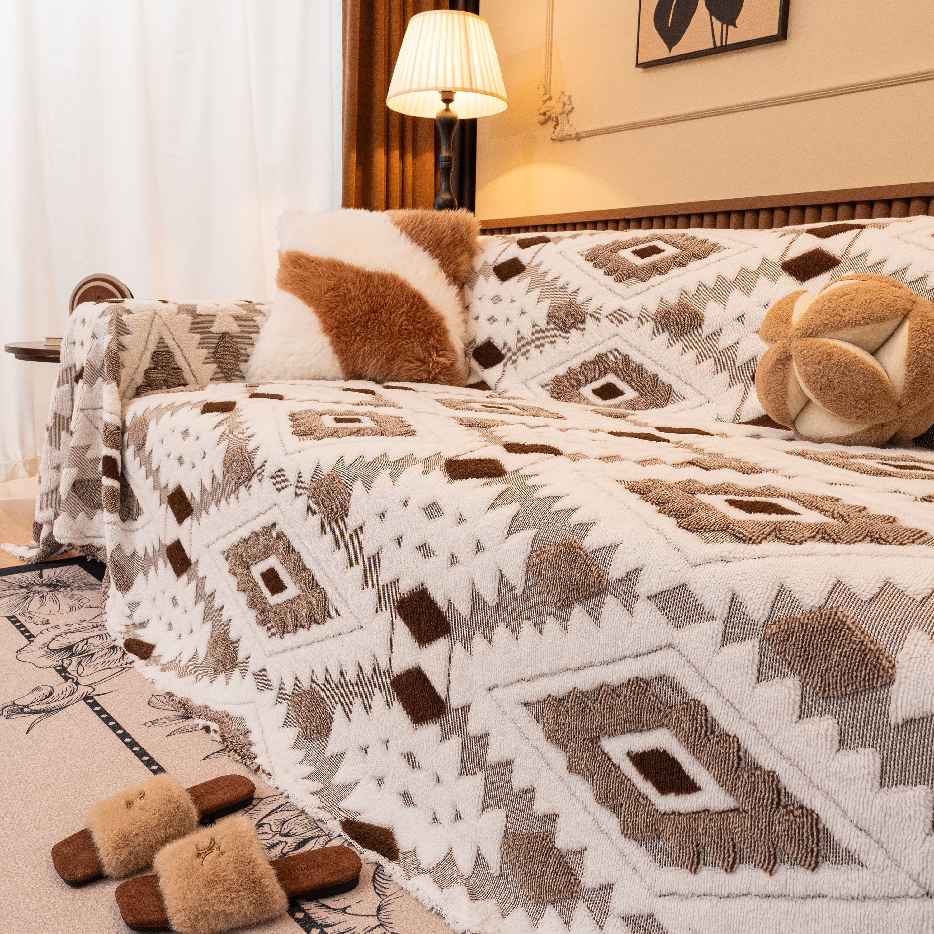 Bohemian Tufted Sofa Cover, Soft Sherpa Fleece Throw Blanket with 3D Aztec Geometric - Image 122