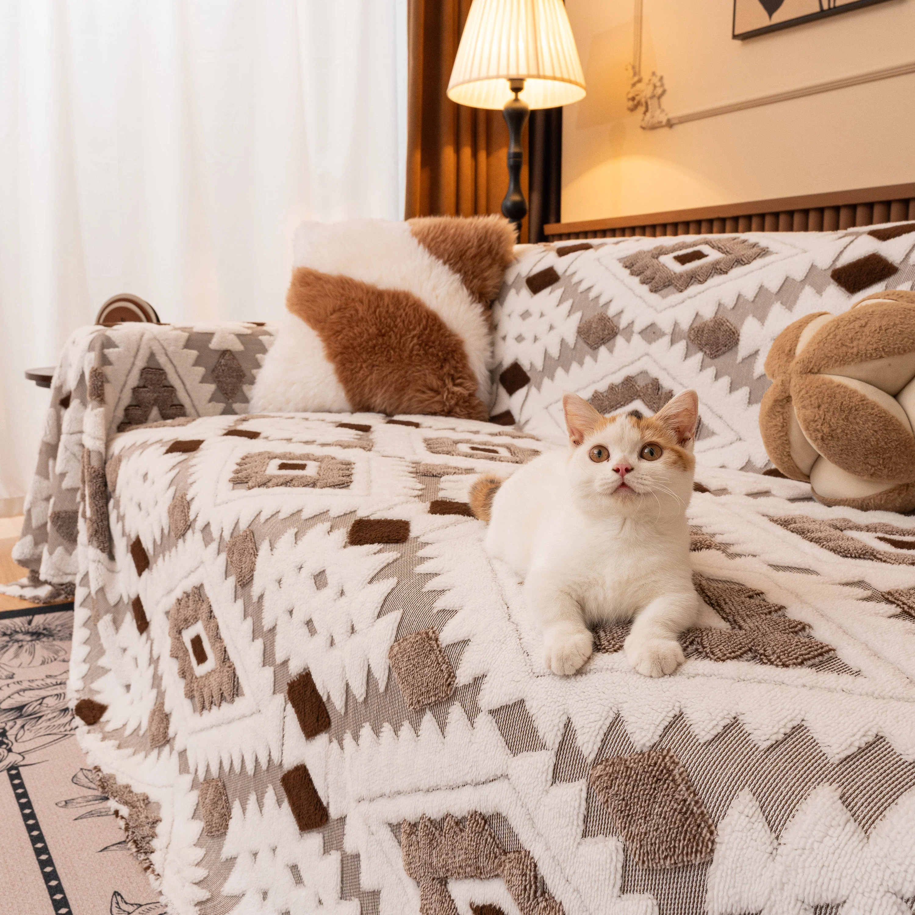 Bohemian Tufted Sofa Cover, Soft Sherpa Fleece Throw Blanket with 3D Aztec Geometric - Image 123