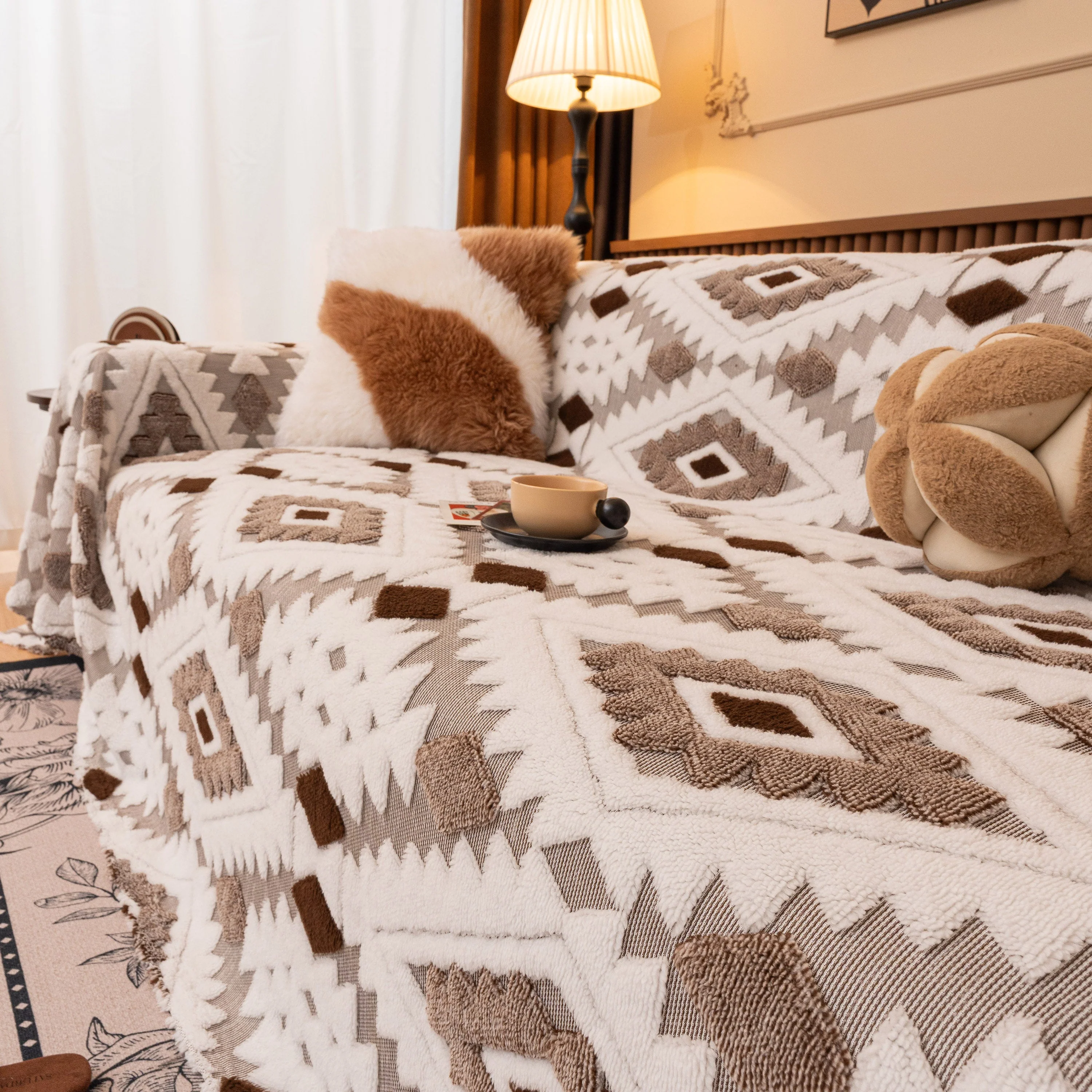 Bohemian Tufted Sofa Cover, Soft Sherpa Fleece Throw Blanket with 3D Aztec Geometric - Image 124