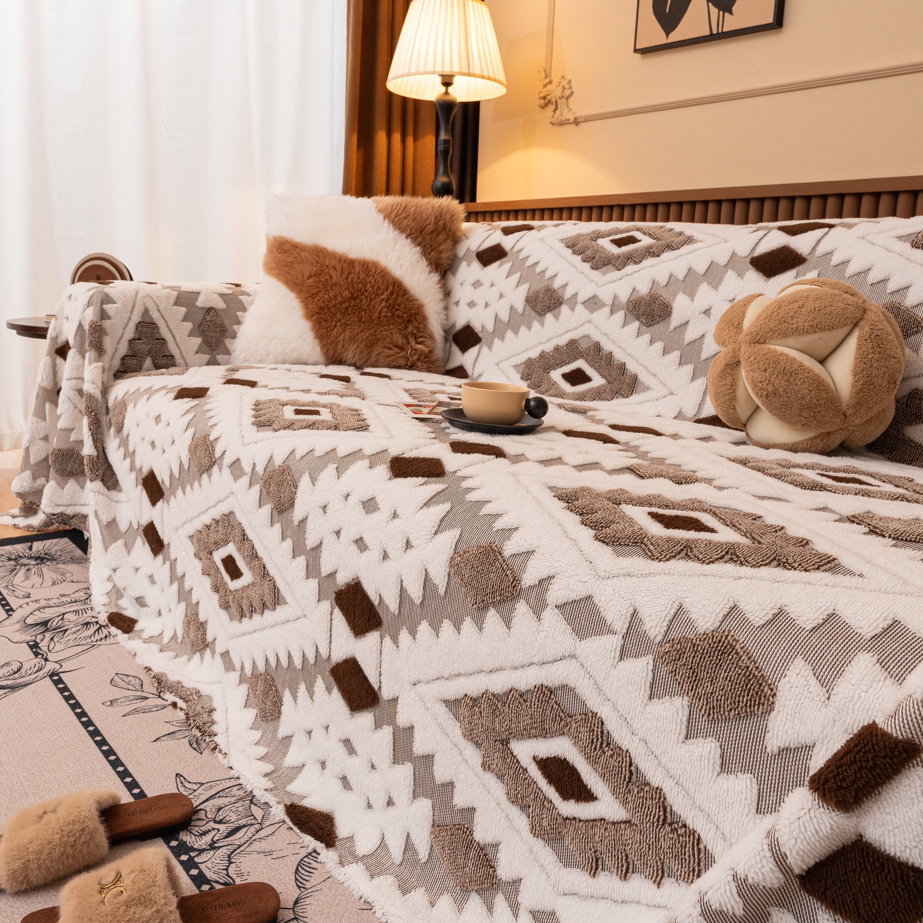Bohemian Tufted Sofa Cover, Soft Sherpa Fleece Throw Blanket with 3D Aztec Geometric - Image 125