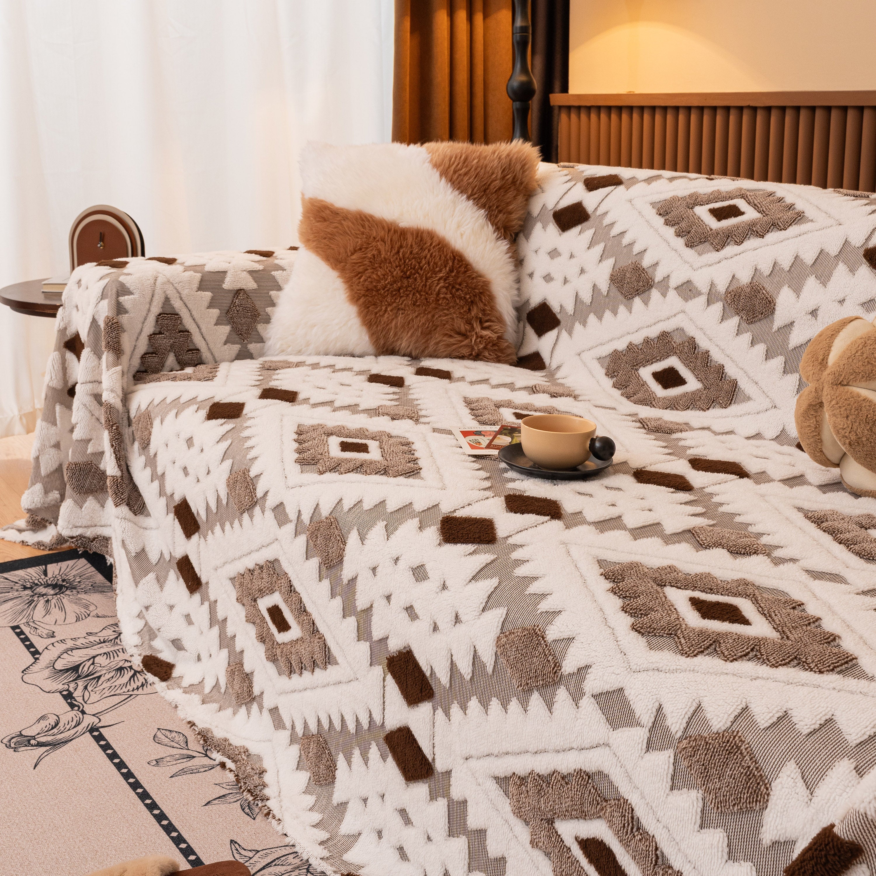 Bohemian Tufted Sofa Cover, Soft Sherpa Fleece Throw Blanket with 3D Aztec Geometric - Image 126