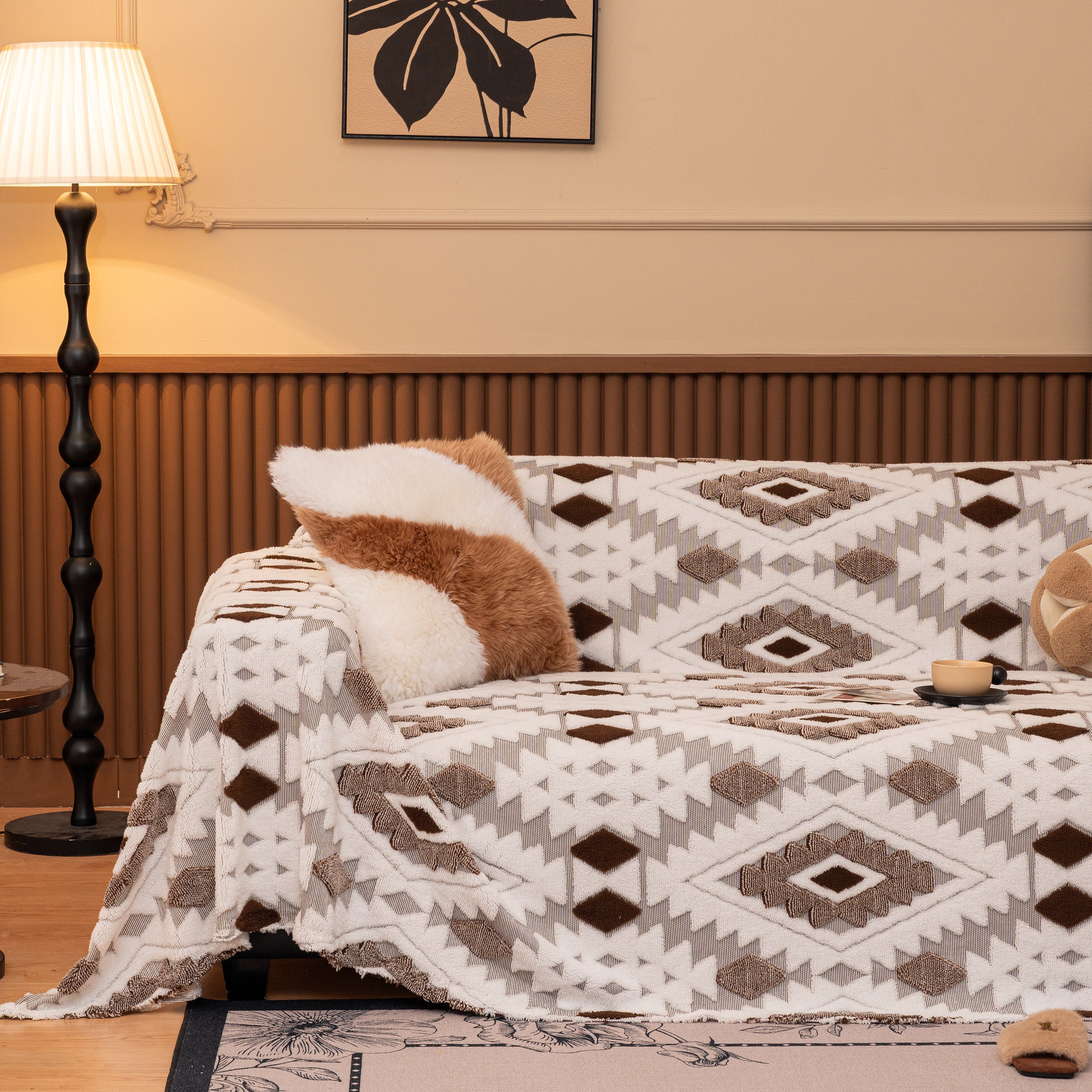 Bohemian Tufted Sofa Cover, Soft Sherpa Fleece Throw Blanket with 3D Aztec Geometric - Image 127