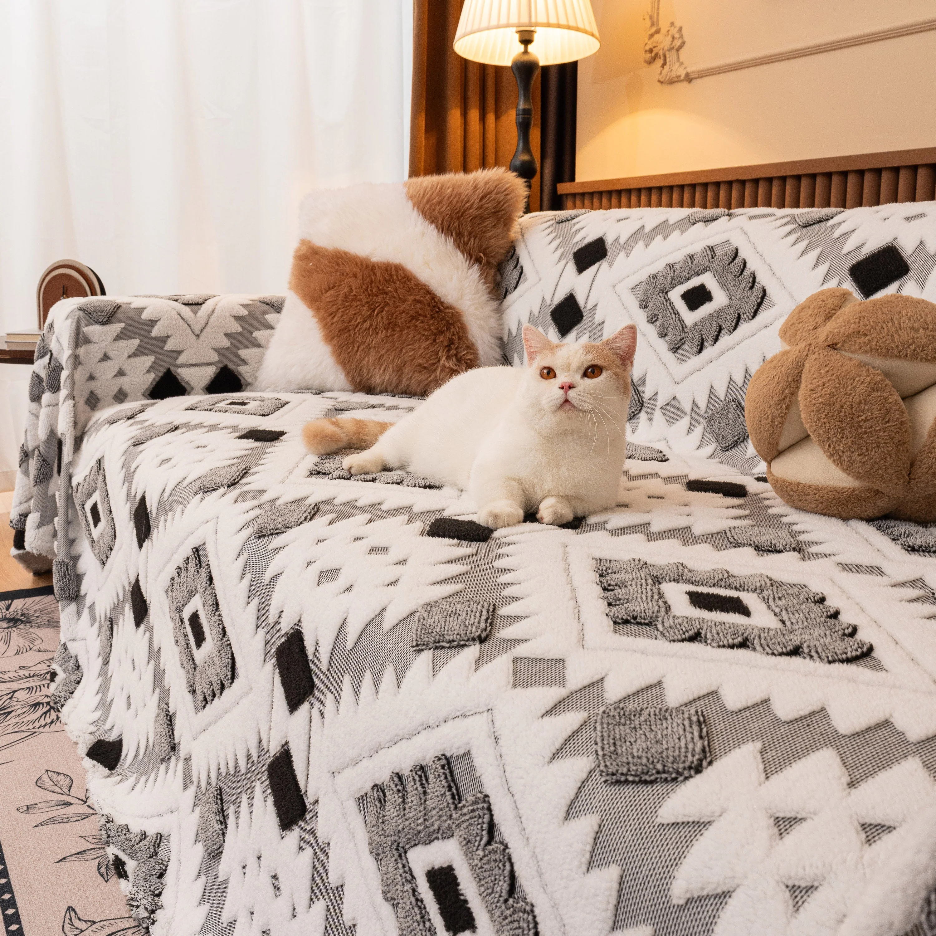 Bohemian Tufted Sofa Cover, Soft Sherpa Fleece Throw Blanket with 3D Aztec Geometric - Image 14