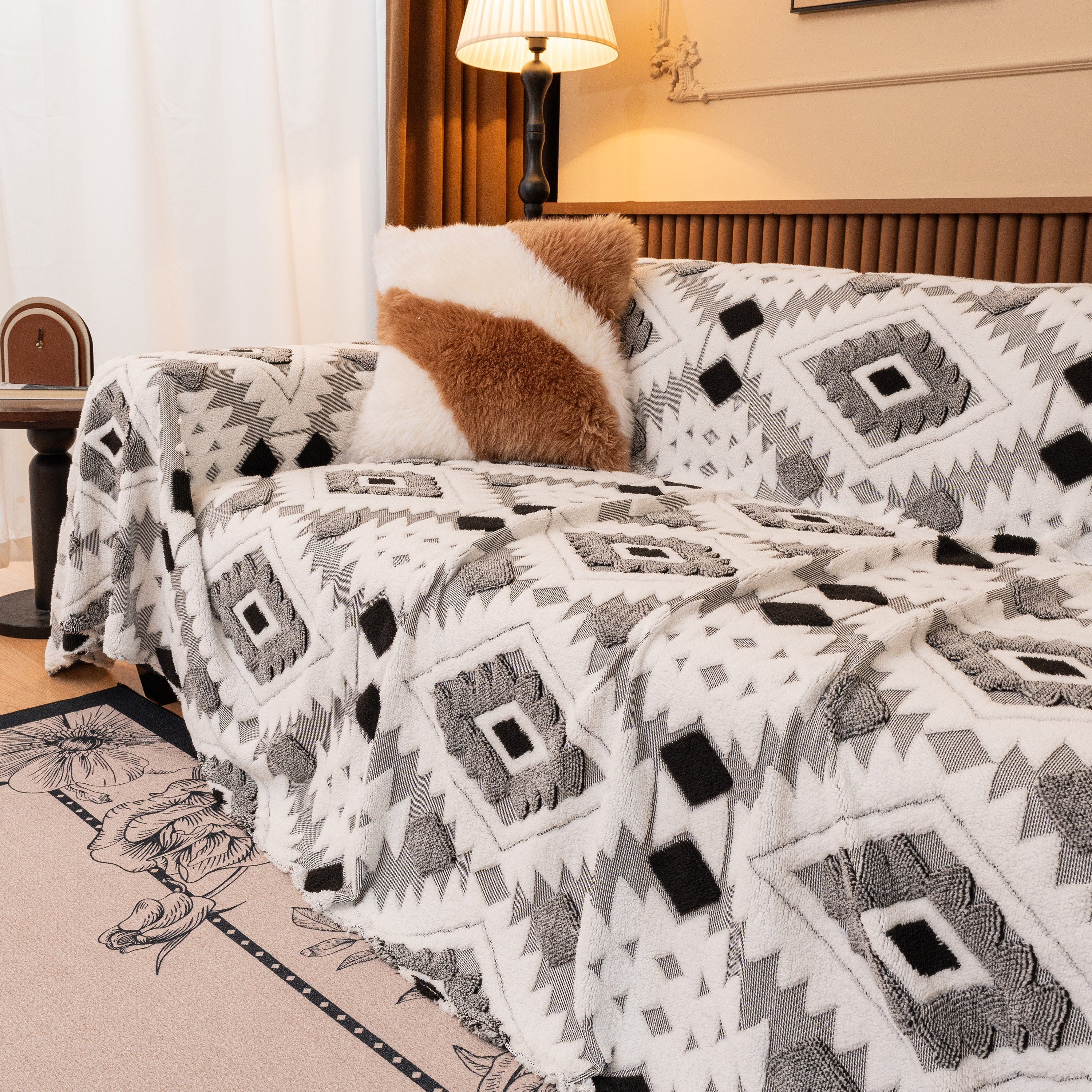 Bohemian Tufted Sofa Cover, Soft Sherpa Fleece Throw Blanket with 3D Aztec Geometric - Image 15