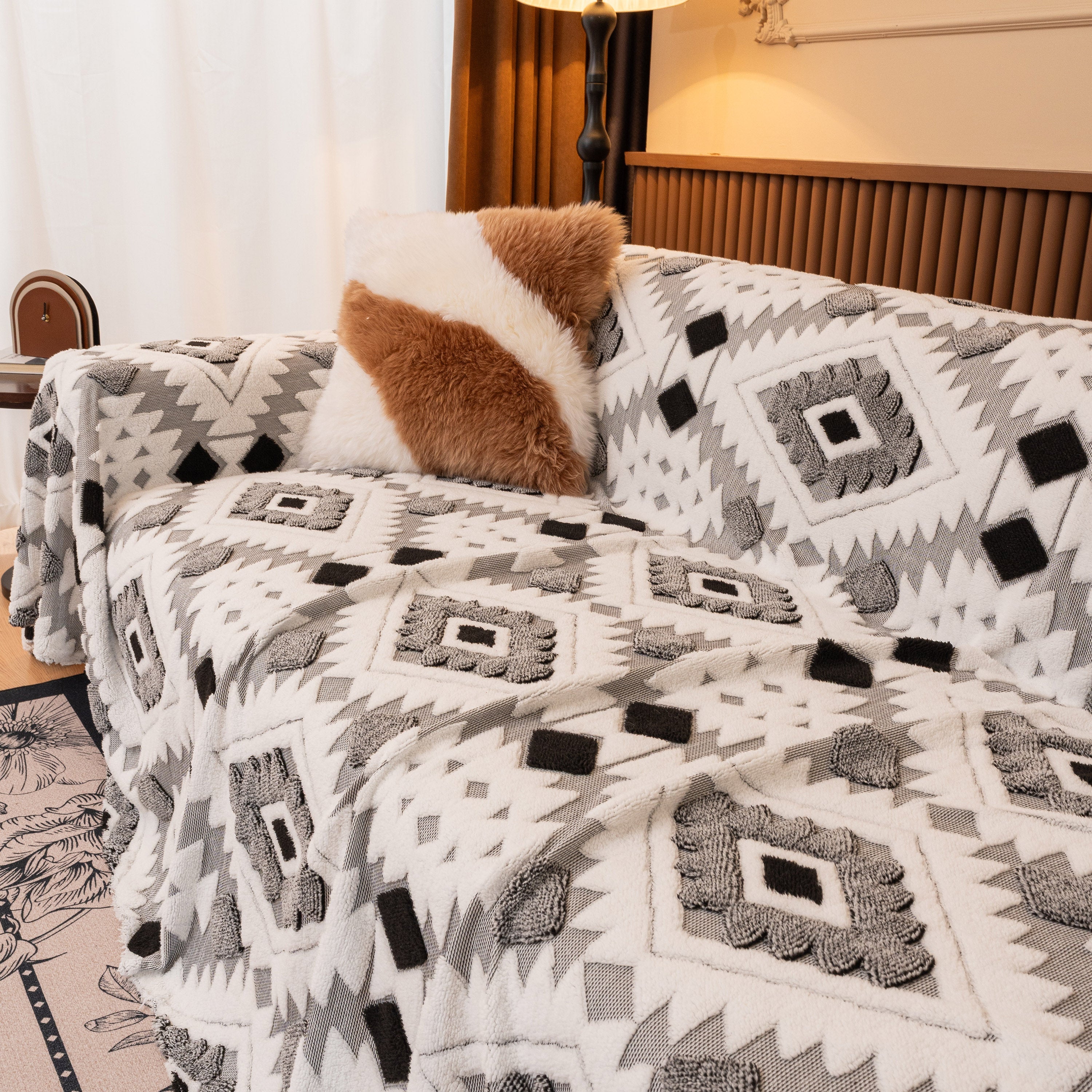 Bohemian Tufted Sofa Cover, Soft Sherpa Fleece Throw Blanket with 3D Aztec Geometric - Image 16