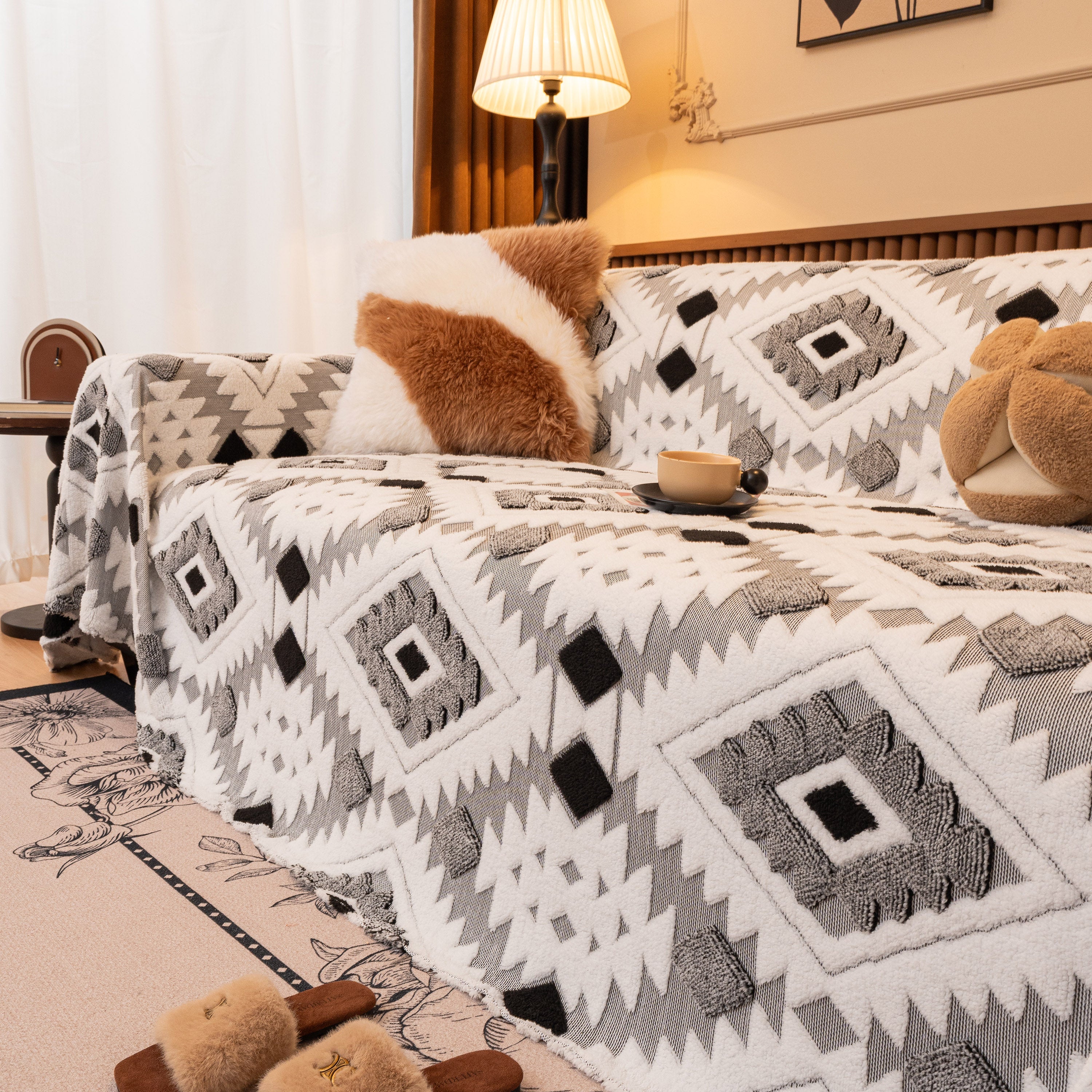 Bohemian Tufted Sofa Cover, Soft Sherpa Fleece Throw Blanket with 3D Aztec Geometric - Image 17