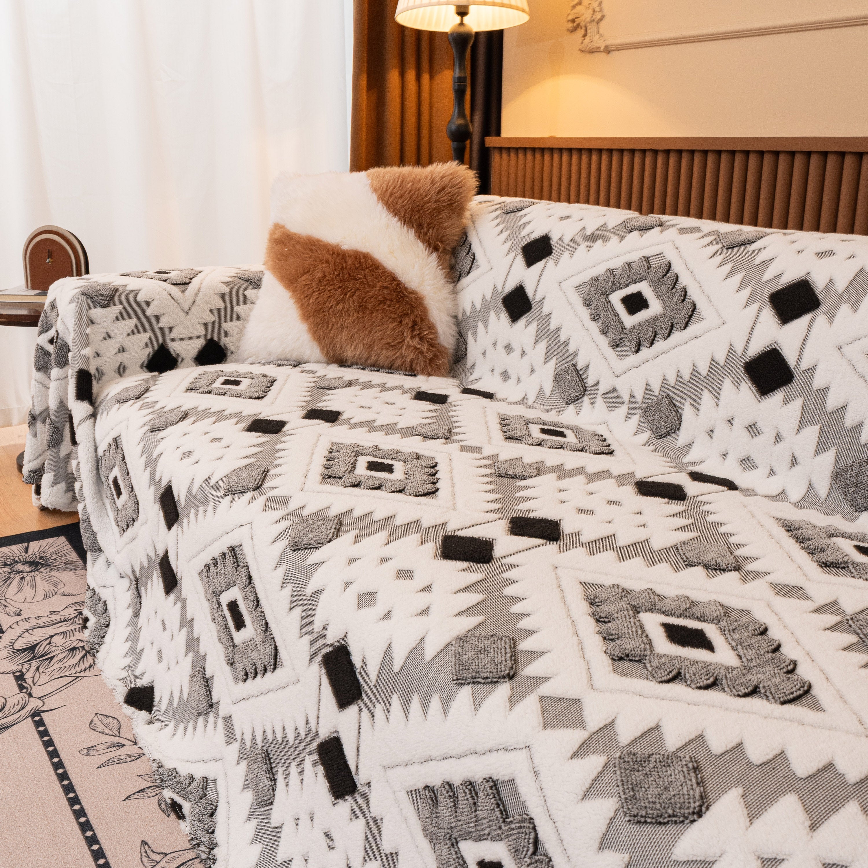 Bohemian Tufted Sofa Cover, Soft Sherpa Fleece Throw Blanket with 3D Aztec Geometric - Image 18