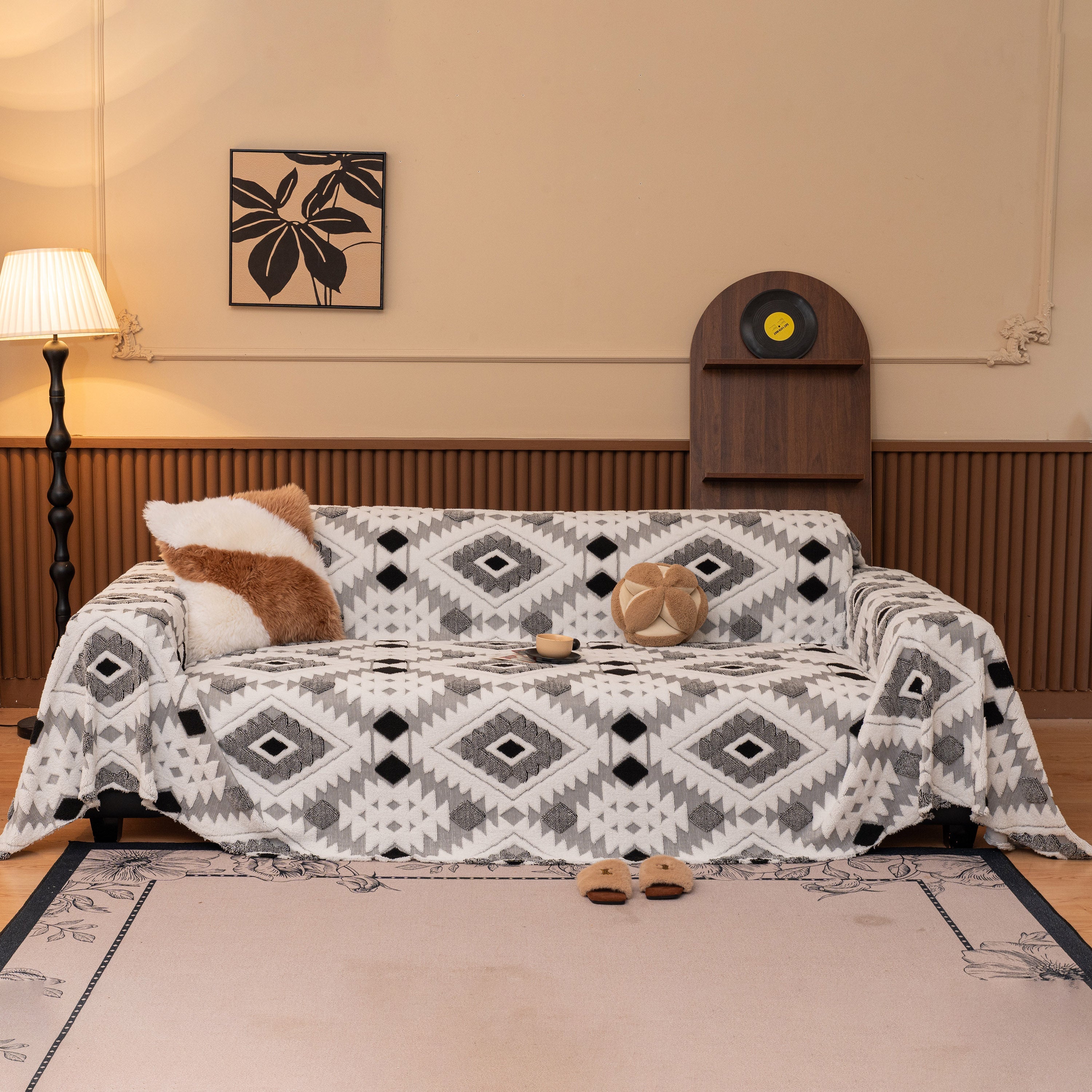 Bohemian Tufted Sofa Cover, Soft Sherpa Fleece Throw Blanket with 3D Aztec Geometric - Image 2