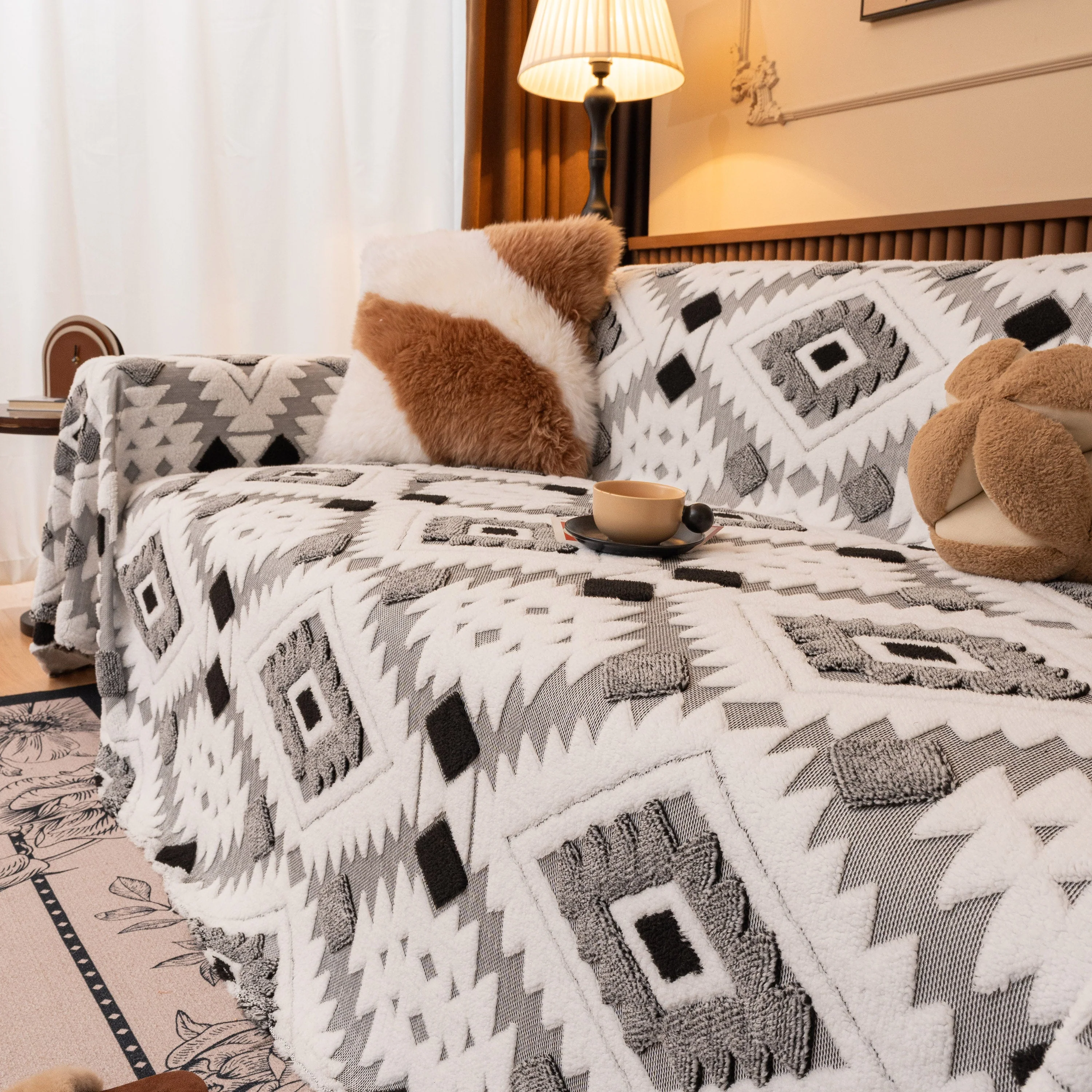 Bohemian Tufted Sofa Cover, Soft Sherpa Fleece Throw Blanket with 3D Aztec Geometric - Image 20