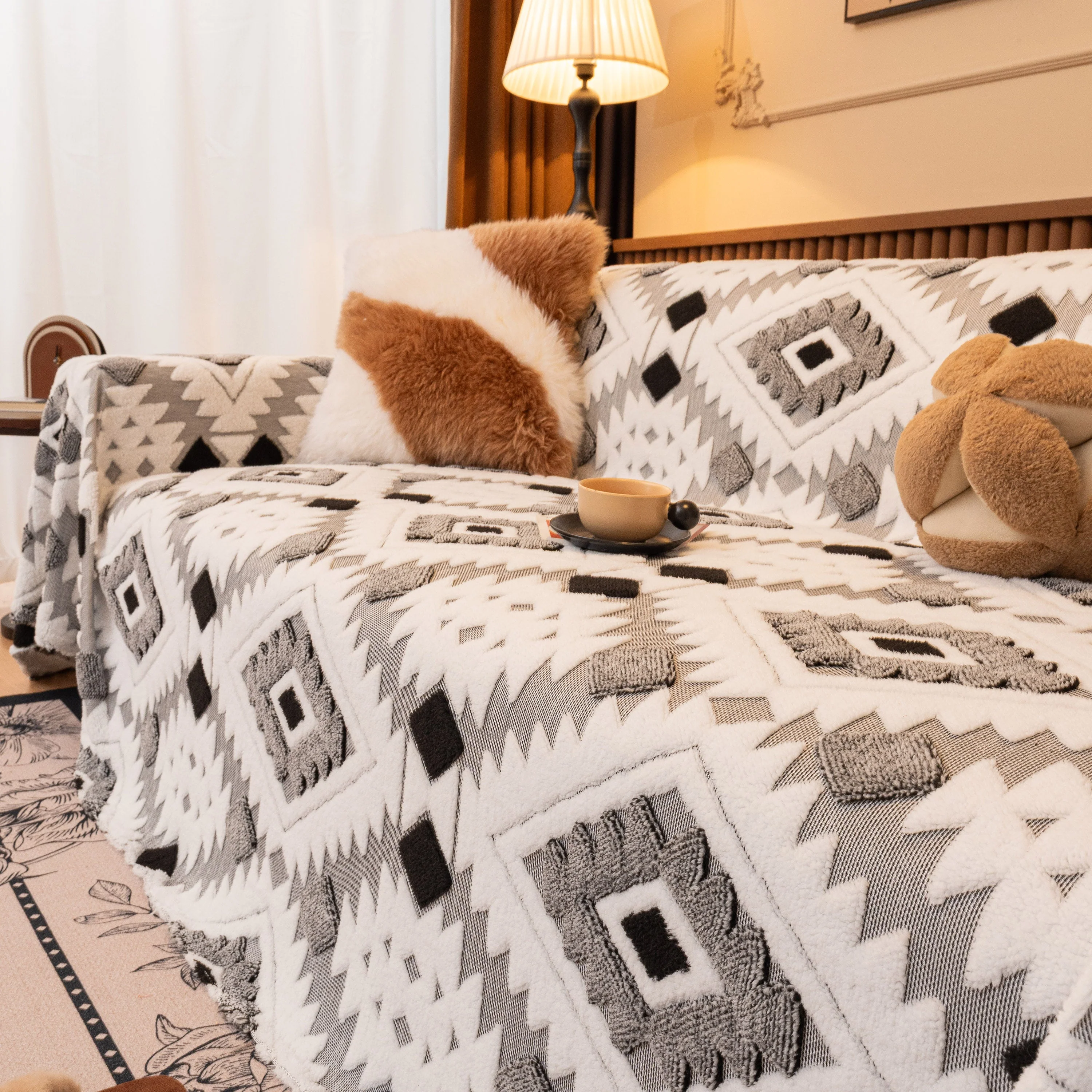 Bohemian Tufted Sofa Cover, Soft Sherpa Fleece Throw Blanket with 3D Aztec Geometric - Image 21